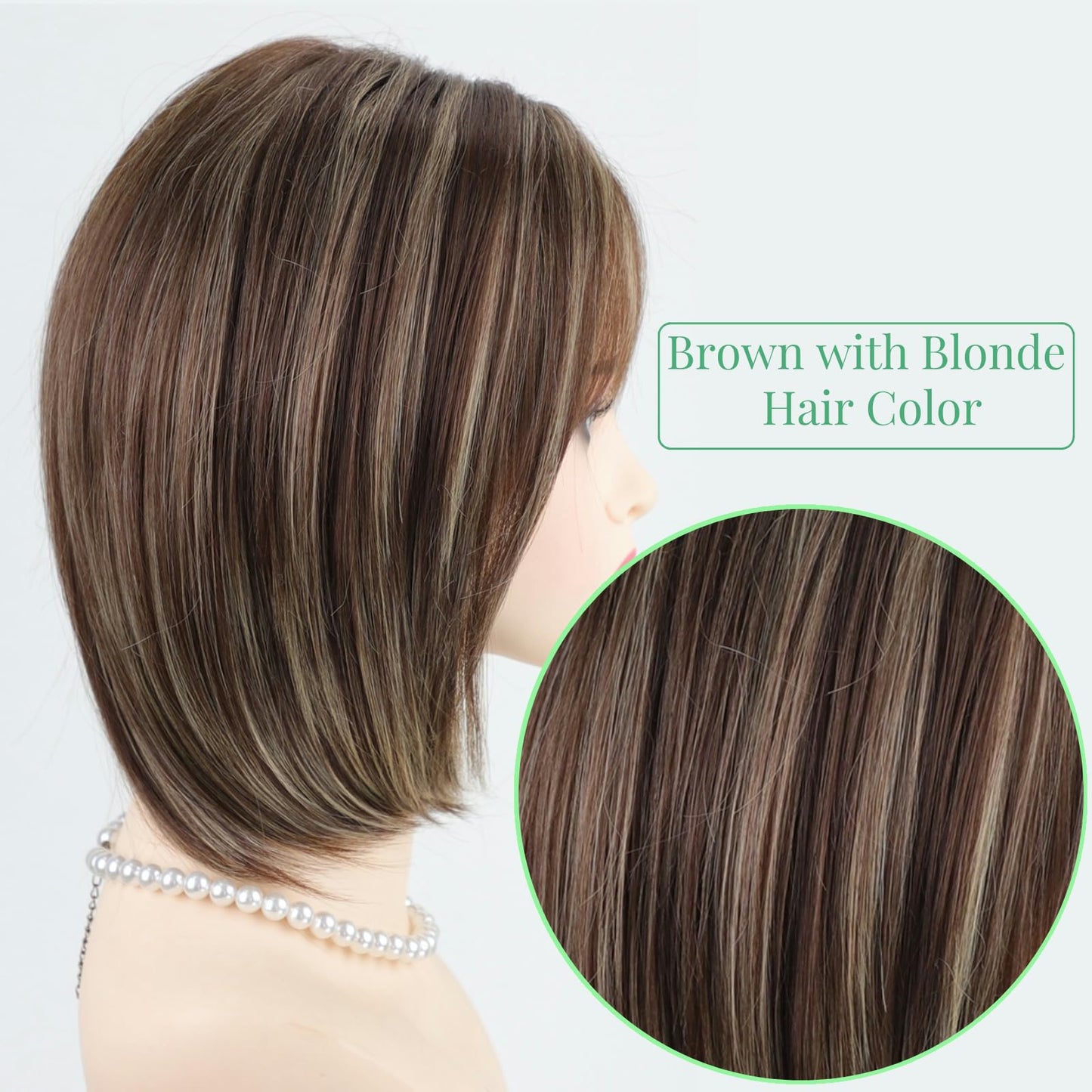 RENERSHOW Medium Length Bob Wigs for White Women Layered Blonde Highlight Straight Pixie Bob Wig with Bangs Heat Synthetic Natural Daily Party Wig 12inch Average Size Wig
