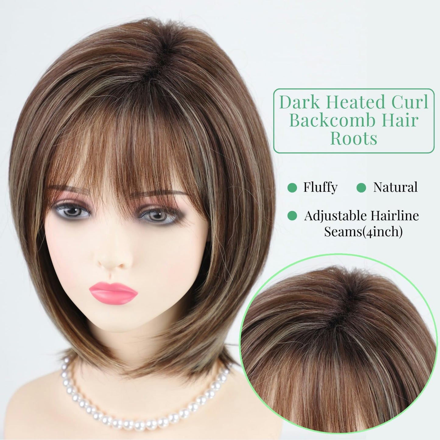 RENERSHOW Medium Length Bob Wigs for White Women Layered Blonde Highlight Straight Pixie Bob Wig with Bangs Heat Synthetic Natural Daily Party Wig 12inch Average Size Wig