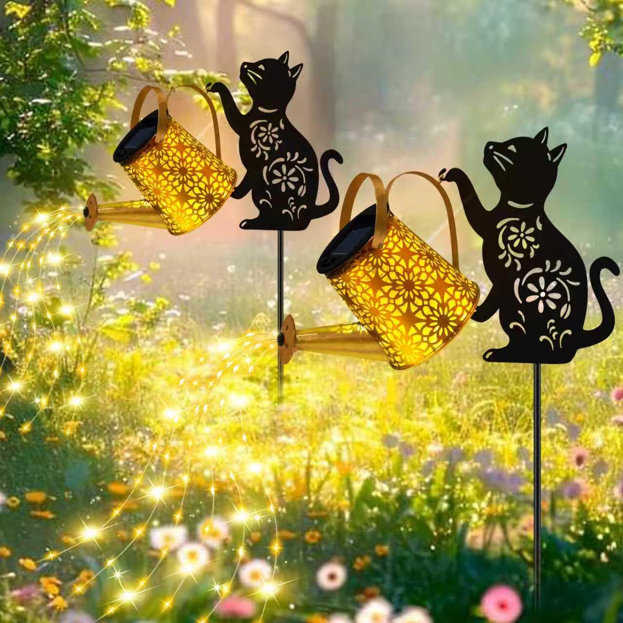Solar Lights Outdoor Decorative, Watering Can with Cascading Lights, with Dog Silhouette Garden Stakes, Gifts for Mom Women, Waterproof Metal Garden Decor for Yard Art, Outside(1 Pack)