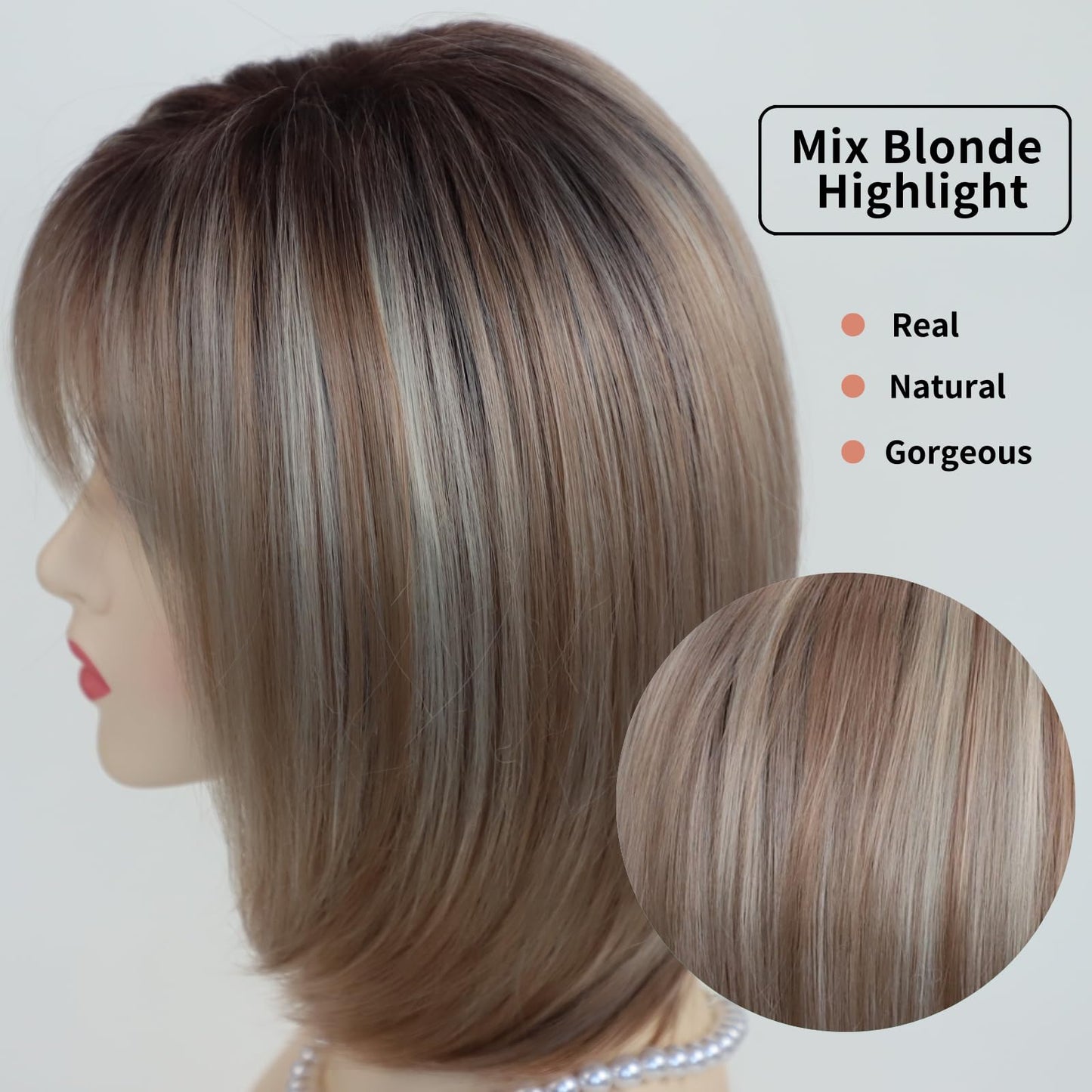 RENERSHOW Medium Length Bob Wigs for White Women Layered Blonde Highlight Straight Pixie Bob Wig with Bangs Heat Synthetic Natural Daily Party Wig 12inch Average Size Wig