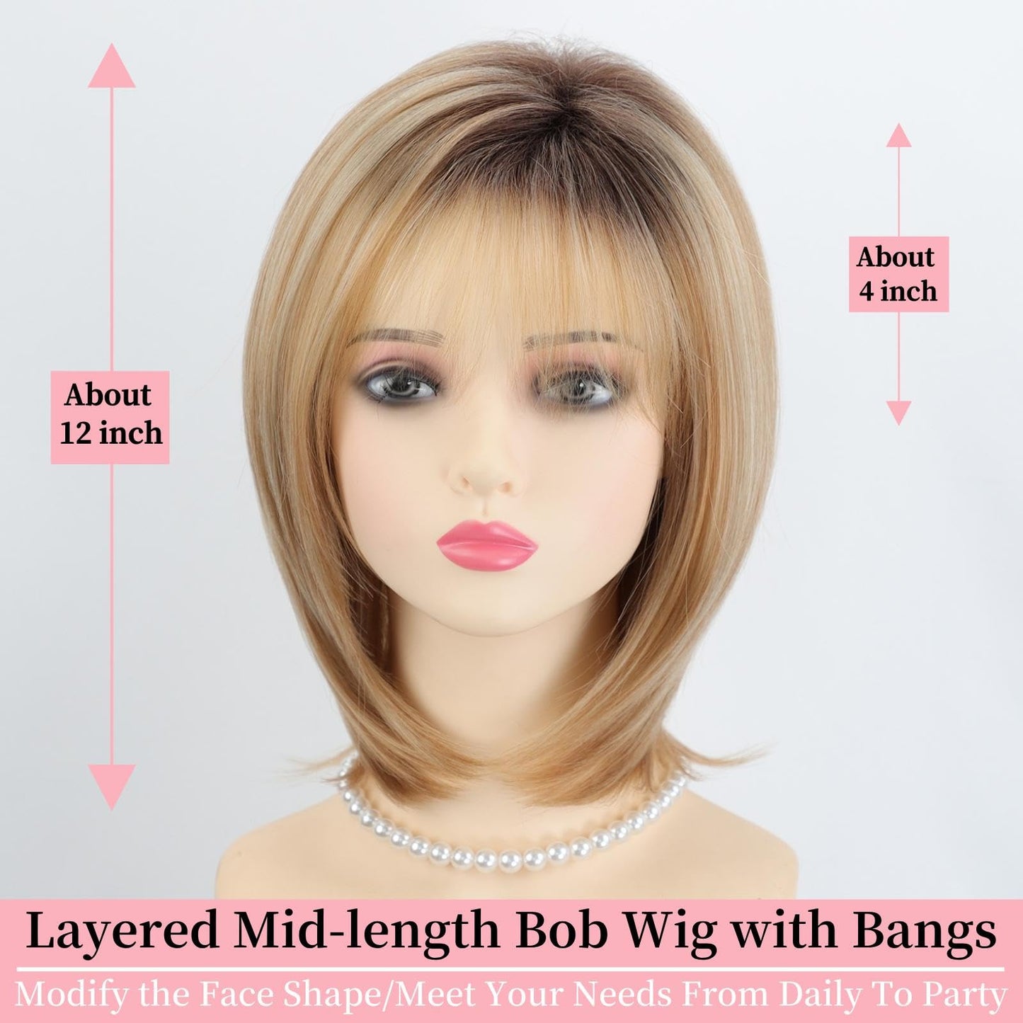 RENERSHOW Medium Length Bob Wigs for White Women Layered Blonde Highlight Straight Pixie Bob Wig with Bangs Heat Synthetic Natural Daily Party Wig 12inch Average Size Wig