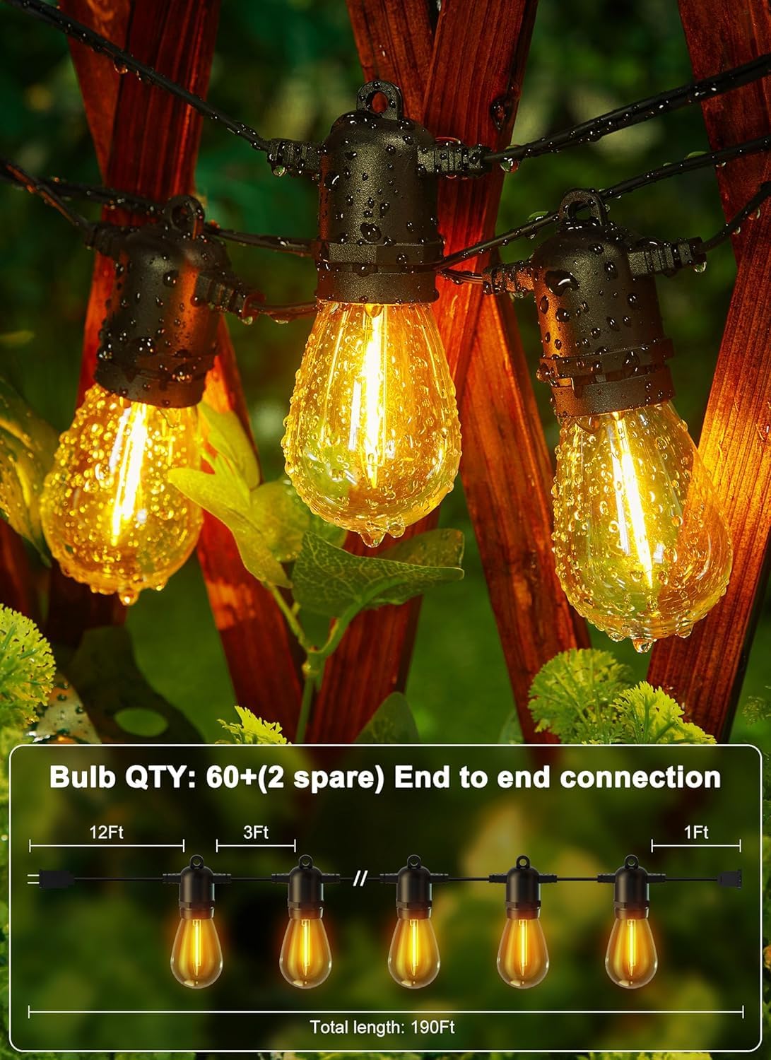 Brightown Outdoor String Lights, 50FT 25 G40 Bulbs Shatterproof Patio Lights, IP65 Waterproof Dimmable Hanging Connectable Globe LED Outdoor Lights for Backyard, Bistro, Porch, Deck, Balcony