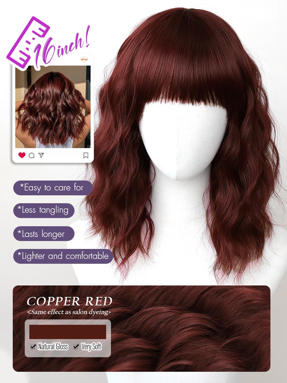 Bob Wavy Wigs for Women Reddish Caramel Brown Short Curly Hair Wig with Bangs Shoulder Length Style Synthetic Realistic Heat Resistant Wig for Everyday Hairstyle 16 Inch