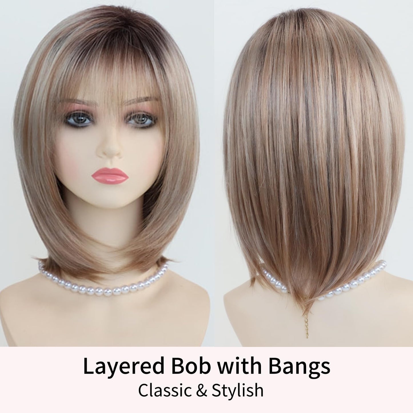 RENERSHOW Medium Length Bob Wigs for White Women Layered Blonde Highlight Straight Pixie Bob Wig with Bangs Heat Synthetic Natural Daily Party Wig 12inch Average Size Wig