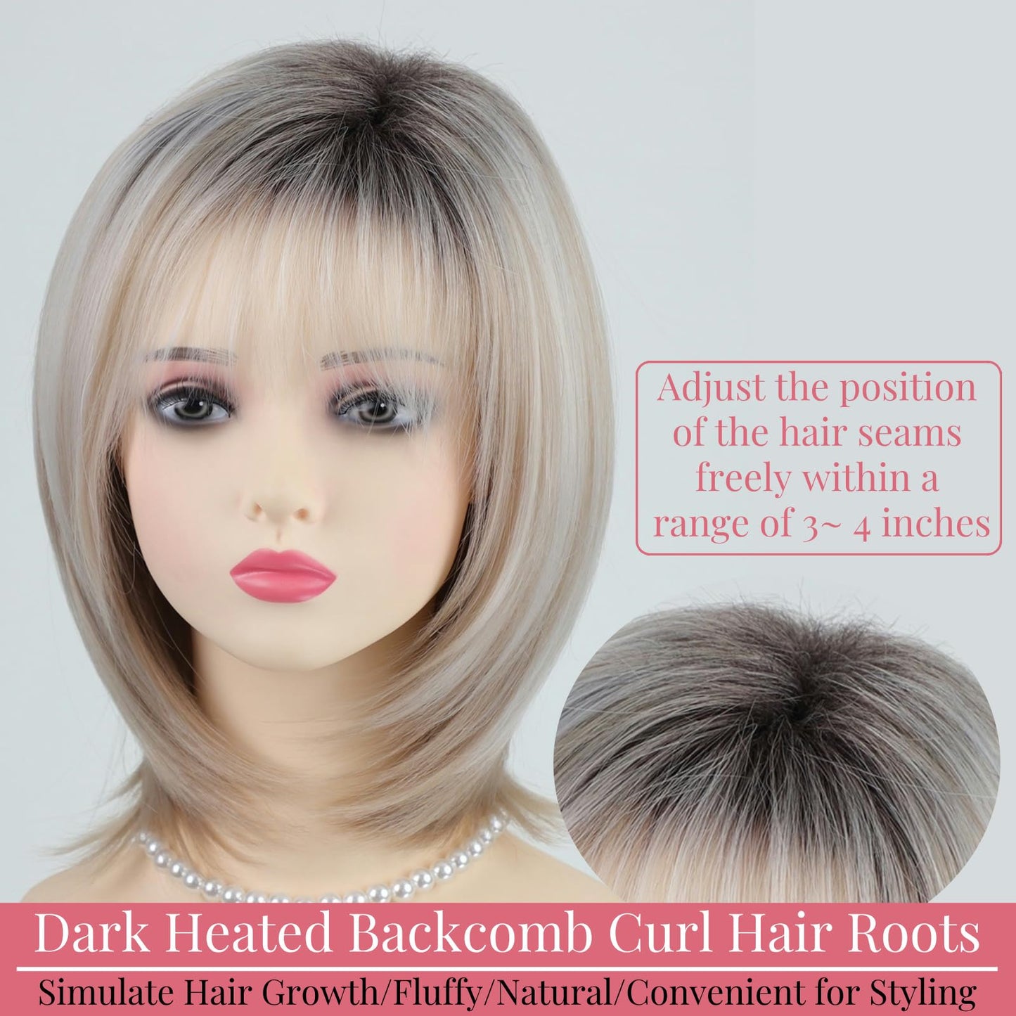RENERSHOW Medium Length Bob Wigs for White Women Layered Blonde Highlight Straight Pixie Bob Wig with Bangs Heat Synthetic Natural Daily Party Wig 12inch Average Size Wig