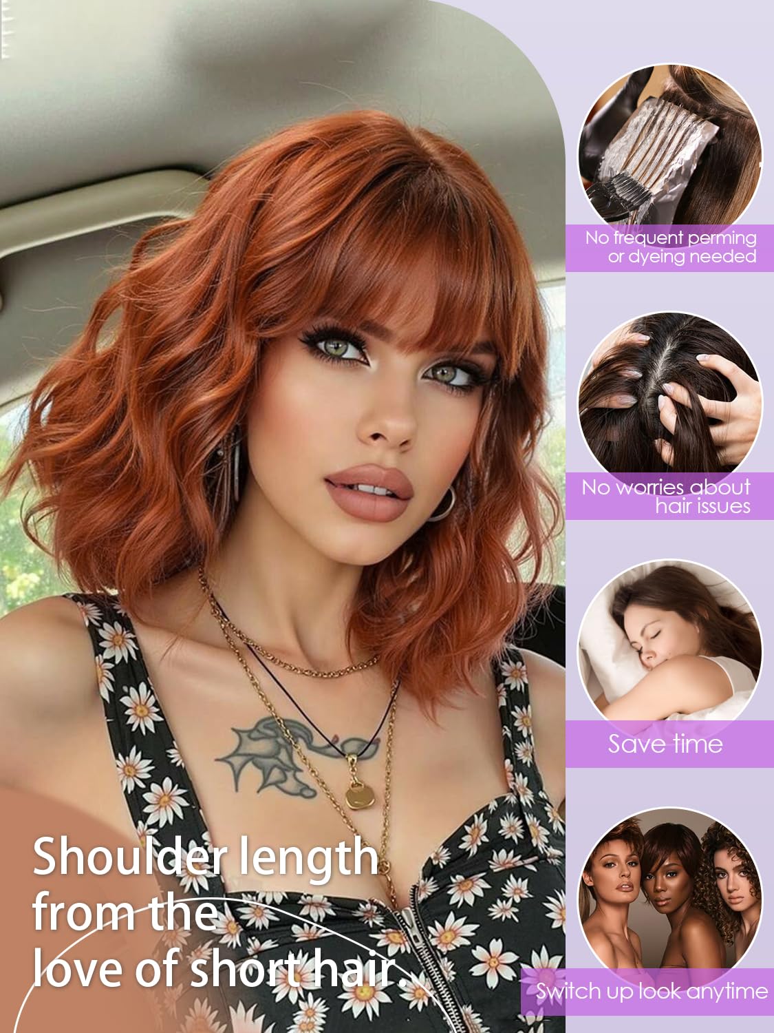 Bob Wavy Wigs for Women Reddish Caramel Brown Short Curly Hair Wig with Bangs Shoulder Length Style Synthetic Realistic Heat Resistant Wig for Everyday Hairstyle 16 Inch