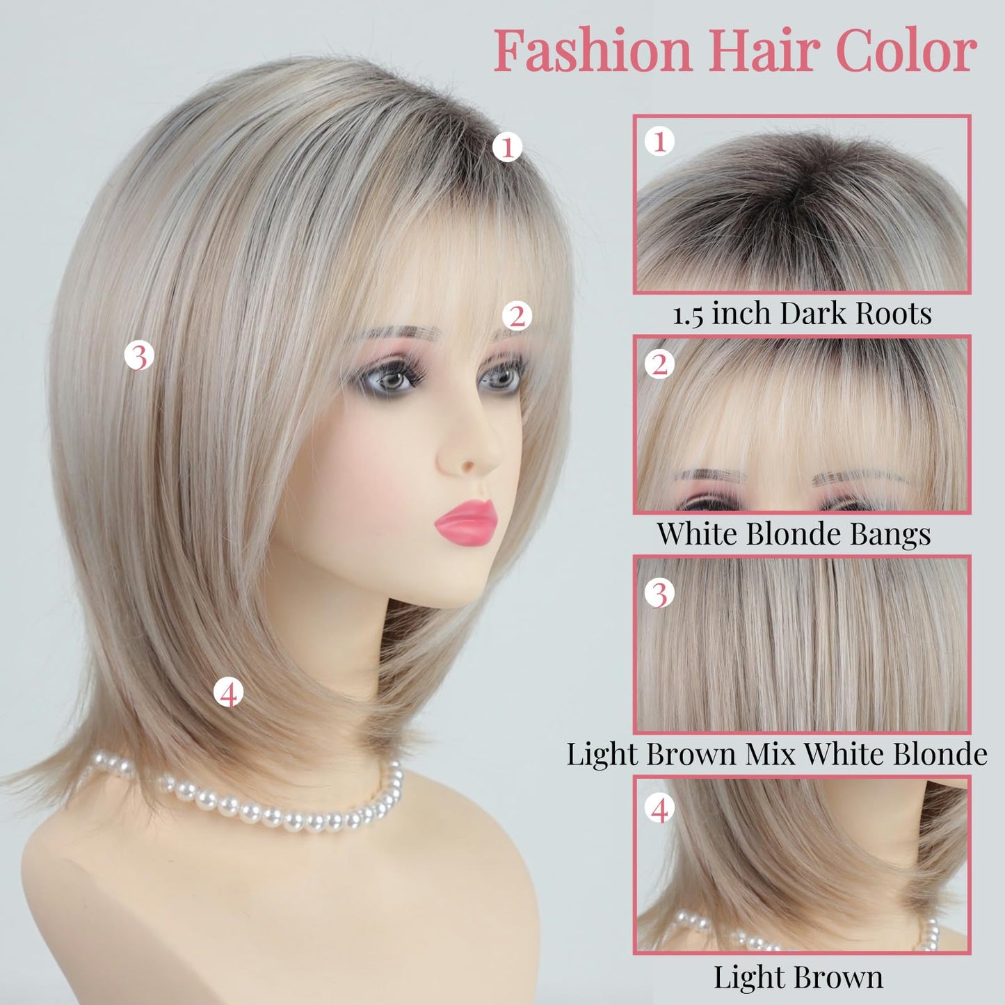 RENERSHOW Medium Length Bob Wigs for White Women Layered Blonde Highlight Straight Pixie Bob Wig with Bangs Heat Synthetic Natural Daily Party Wig 12inch Average Size Wig