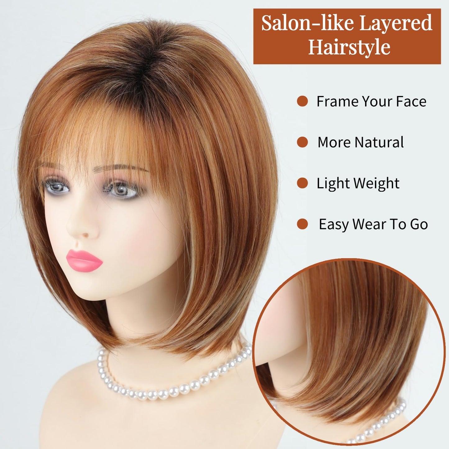 RENERSHOW Medium Length Bob Wigs for White Women Layered Blonde Highlight Straight Pixie Bob Wig with Bangs Heat Synthetic Natural Daily Party Wig 12inch Average Size Wig