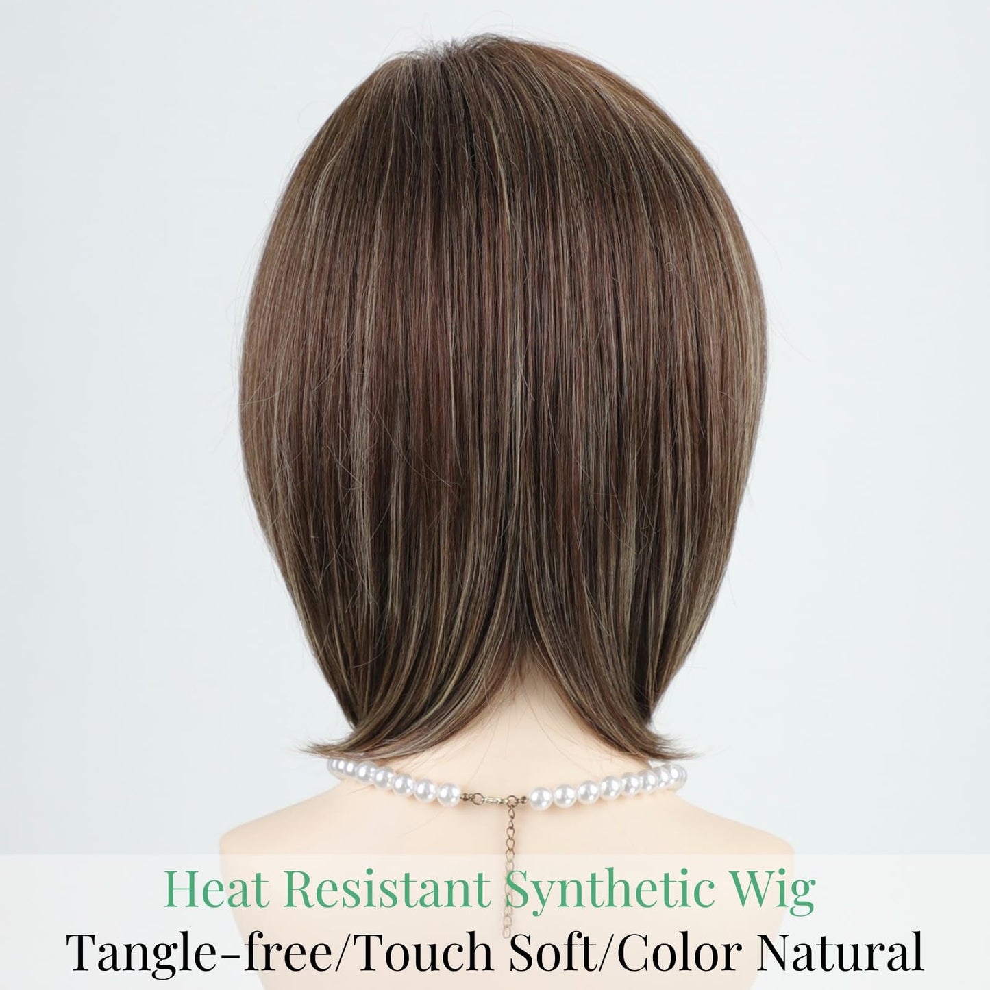 RENERSHOW Medium Length Bob Wigs for White Women Layered Blonde Highlight Straight Pixie Bob Wig with Bangs Heat Synthetic Natural Daily Party Wig 12inch Average Size Wig