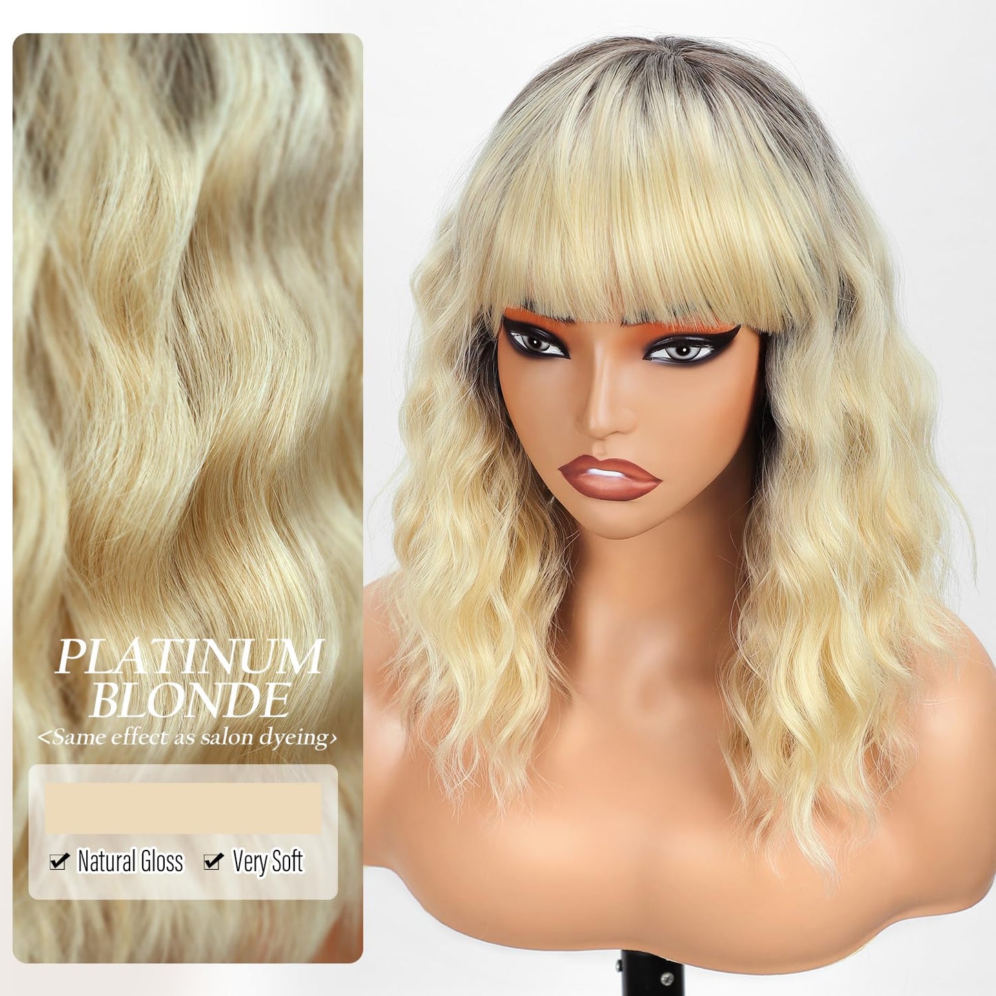 Bob Wavy Wigs for Women Reddish Caramel Brown Short Curly Hair Wig with Bangs Shoulder Length Style Synthetic Realistic Heat Resistant Wig for Everyday Hairstyle 16 Inch