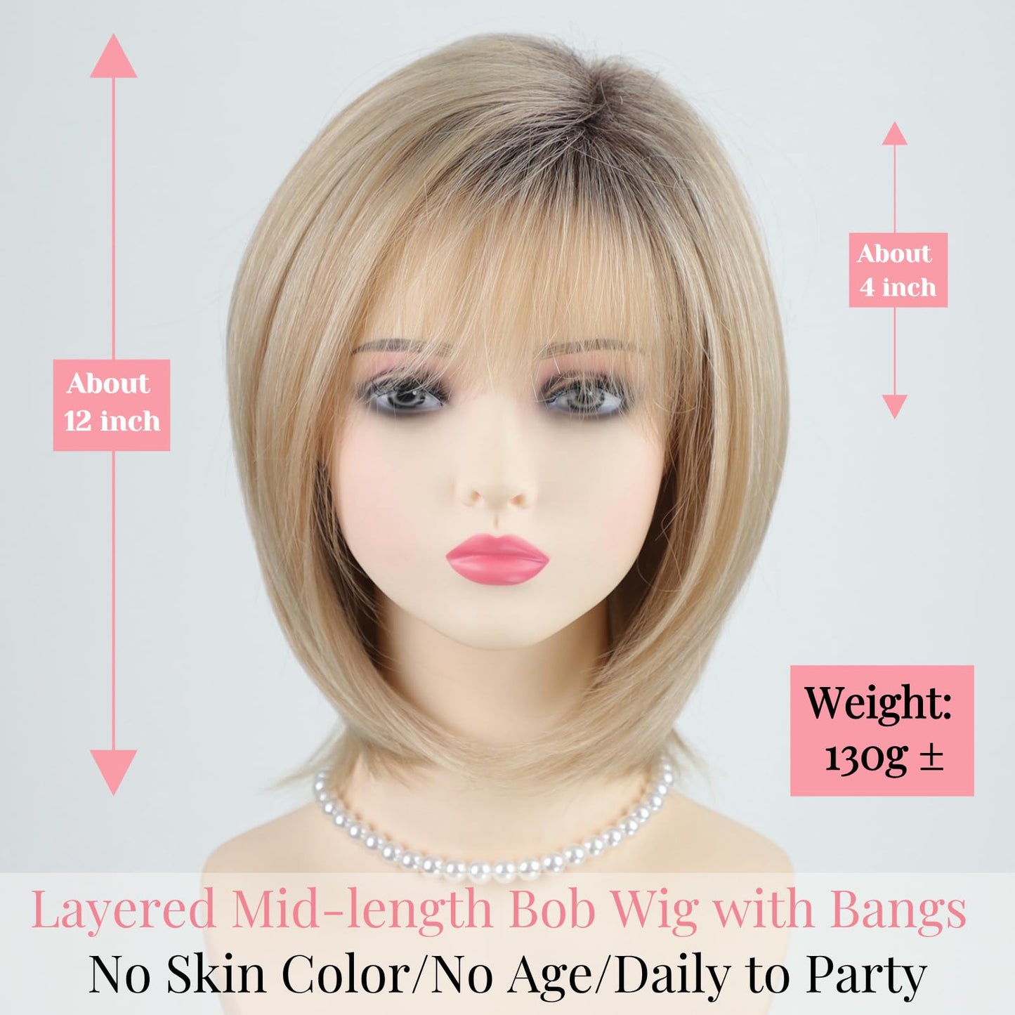 RENERSHOW Medium Length Bob Wigs for White Women Layered Blonde Highlight Straight Pixie Bob Wig with Bangs Heat Synthetic Natural Daily Party Wig 12inch Average Size Wig