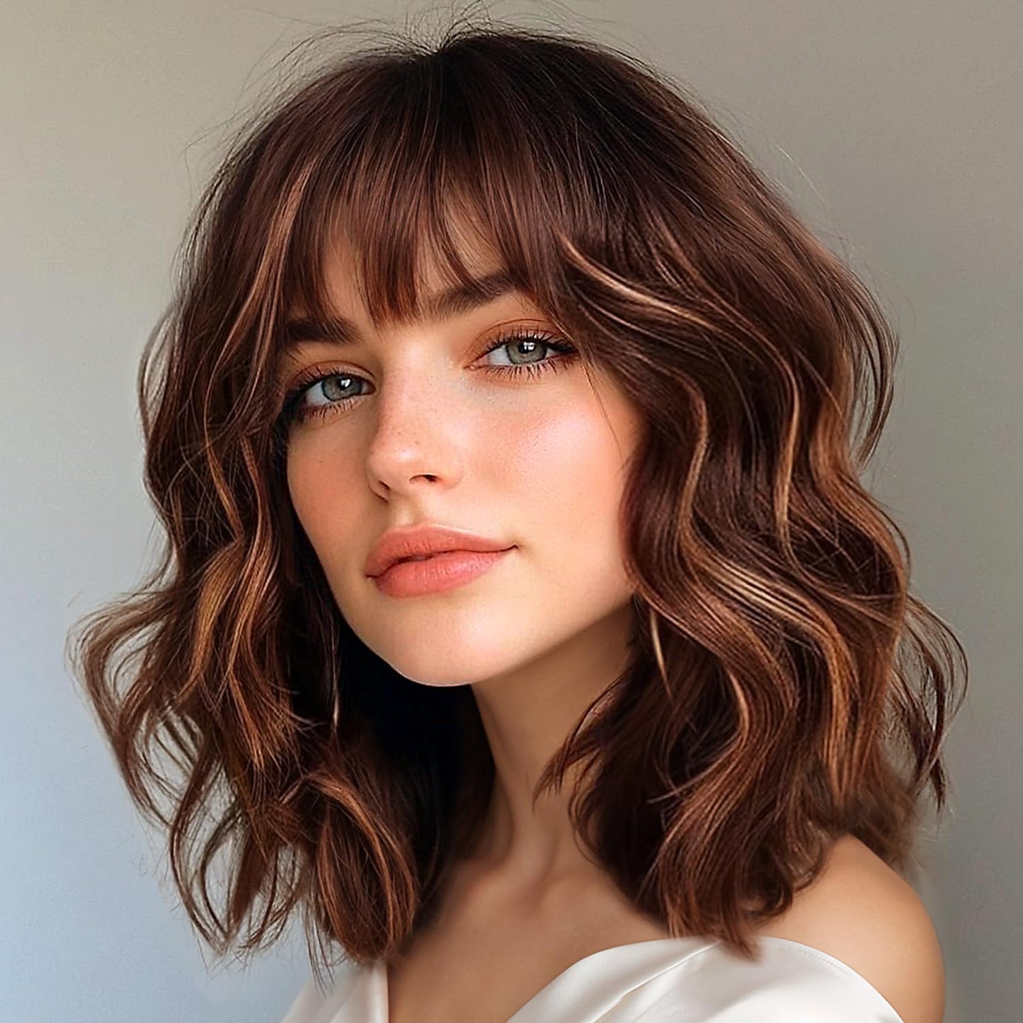 Bob Wavy Wigs for Women Reddish Caramel Brown Short Curly Hair Wig with Bangs Shoulder Length Style Synthetic Realistic Heat Resistant Wig for Everyday Hairstyle 16 Inch