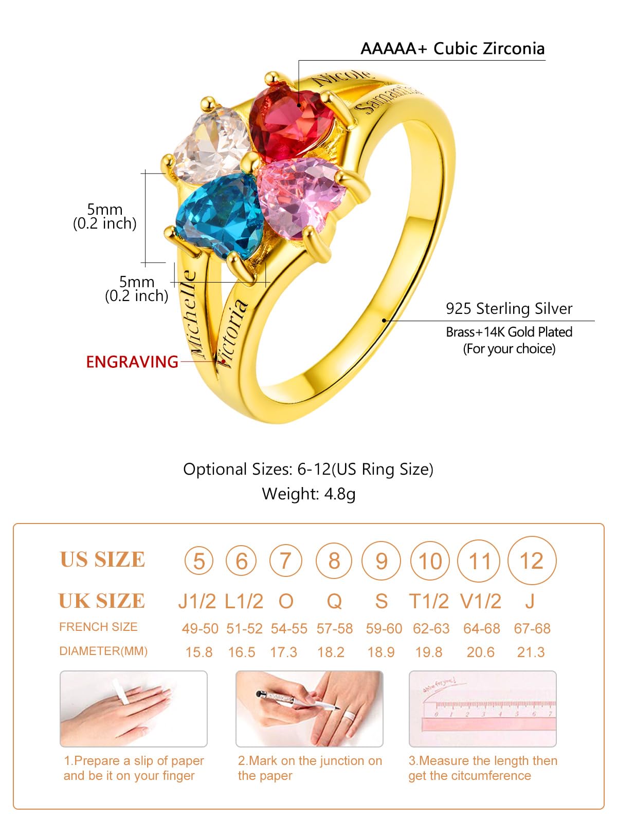 Custom4U Personalized 1-4 Birthstone Rings for Women Promise Rings for Her Sterling Silver Mothers Ring Customized Cubic Zirconia Stones Wedding/Valentine's Day/Mother's Day Jewelry Gift for Mom Wife