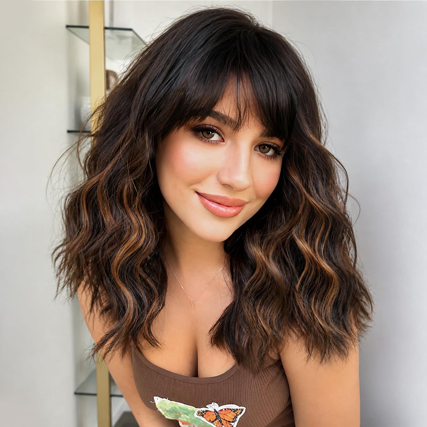 Bob Wavy Wigs for Women Reddish Caramel Brown Short Curly Hair Wig with Bangs Shoulder Length Style Synthetic Realistic Heat Resistant Wig for Everyday Hairstyle 16 Inch