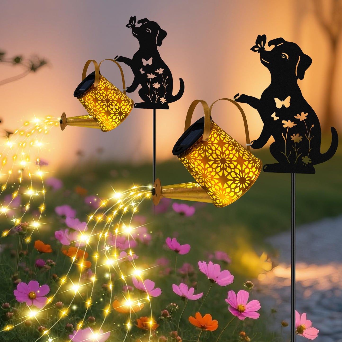 Solar Lights Outdoor Decorative, Watering Can with Cascading Lights, with Dog Silhouette Garden Stakes, Gifts for Mom Women, Waterproof Metal Garden Decor for Yard Art, Outside(1 Pack)