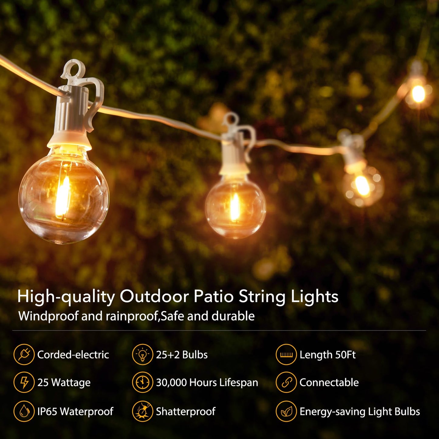 Brightown Outdoor String Lights, 50FT 25 G40 Bulbs Shatterproof Patio Lights, IP65 Waterproof Dimmable Hanging Connectable Globe LED Outdoor Lights for Backyard, Bistro, Porch, Deck, Balcony