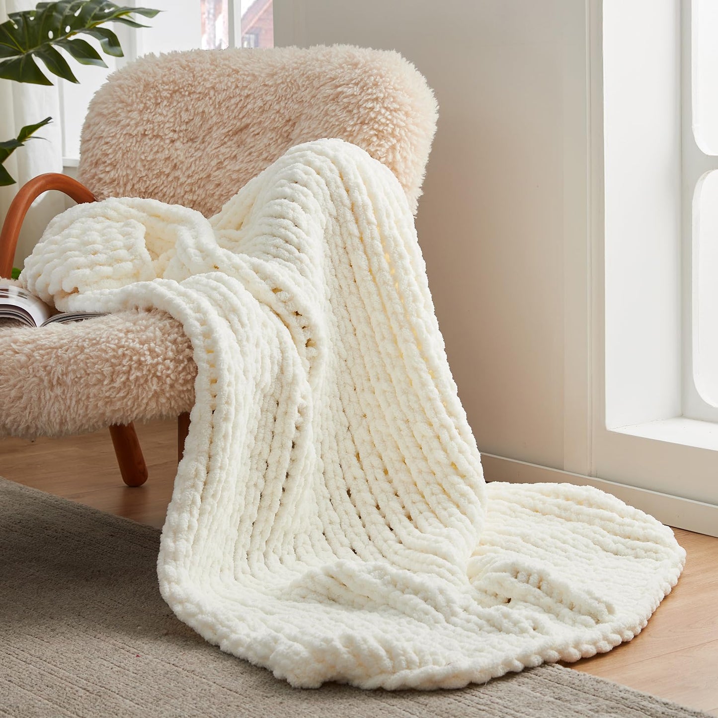 Amélie Home Chunky Knit Throw Blanket for Couch, Soft Chenille Handmade Crochet Throw Rope Knot Blanket for Couch, 50"x60", Space-Dyed Blue Striped