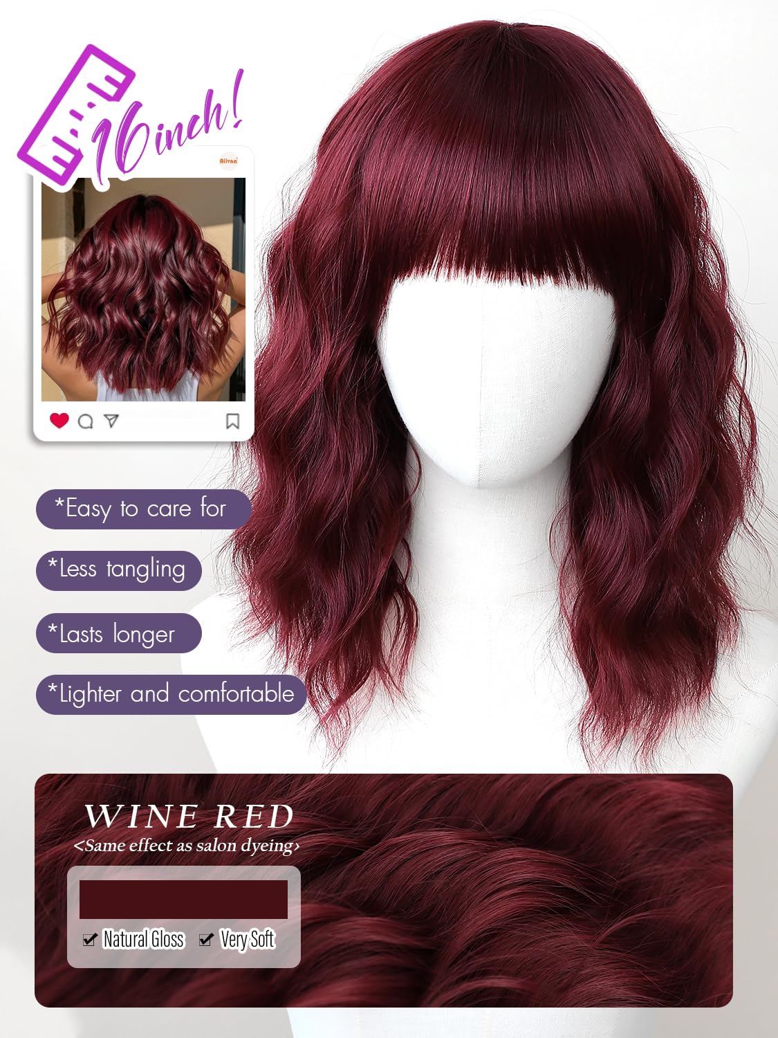 Bob Wavy Wigs for Women Reddish Caramel Brown Short Curly Hair Wig with Bangs Shoulder Length Style Synthetic Realistic Heat Resistant Wig for Everyday Hairstyle 16 Inch