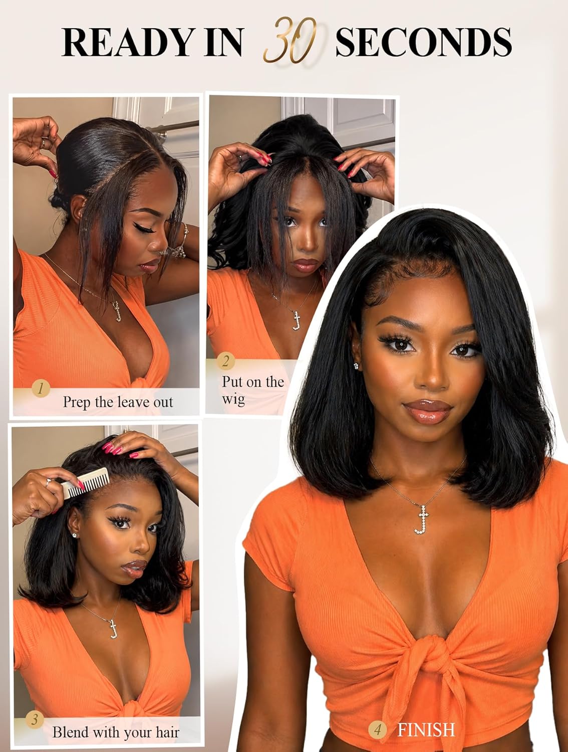 FANCEE Yaki Straight Half Wig Kinky Straight Bob Synthetic Glueless Half Wig 3 in 1 Soft Yaki Texture Bob Wigs Beginner Friendly Everyday Protective Style Natural Silk Press Look