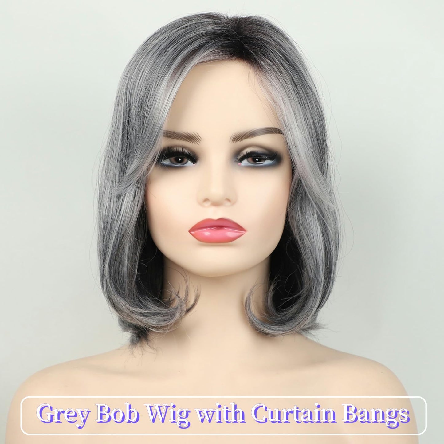 RENERSHOW Medium Length Bob Wigs for White Women Layered Blonde Highlight Straight Pixie Bob Wig with Bangs Heat Synthetic Natural Daily Party Wig 12inch Average Size Wig