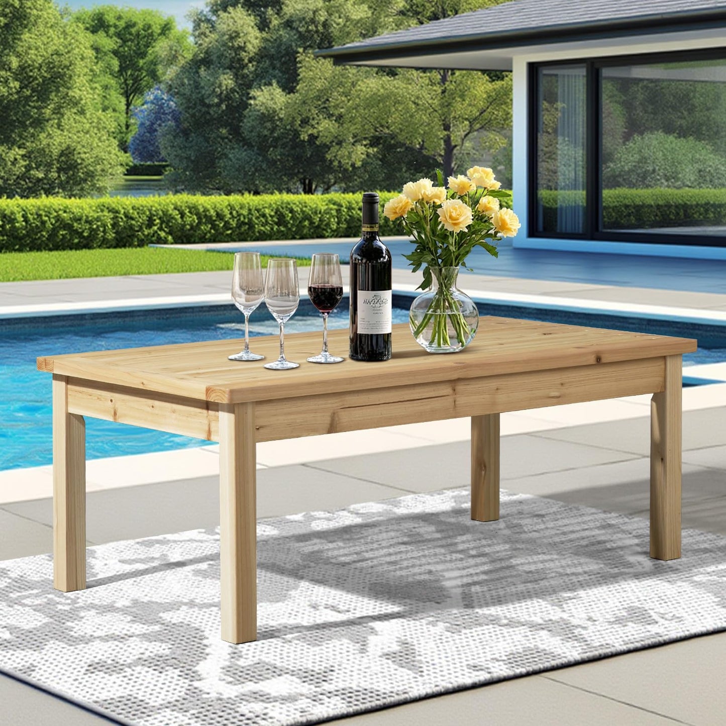 VINGLI Outdoor Wood Coffee Table, 35" Farmhouse Side Table for Patio, Solid Cedar Wood Accent Table with Slatted Tabletop, Weather-Resistant End Table for Garden, Poolside, Lawn, Living Room (Brown)