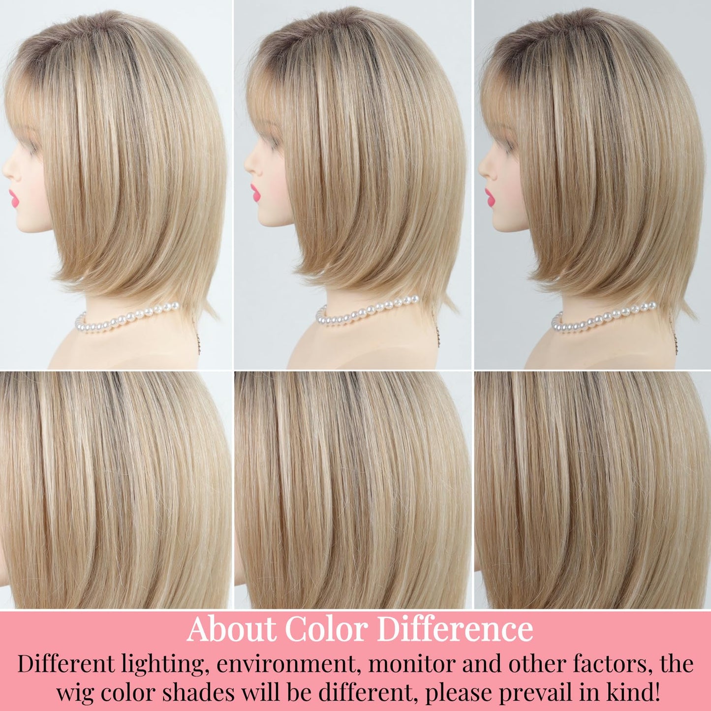 RENERSHOW Medium Length Bob Wigs for White Women Layered Blonde Highlight Straight Pixie Bob Wig with Bangs Heat Synthetic Natural Daily Party Wig 12inch Average Size Wig