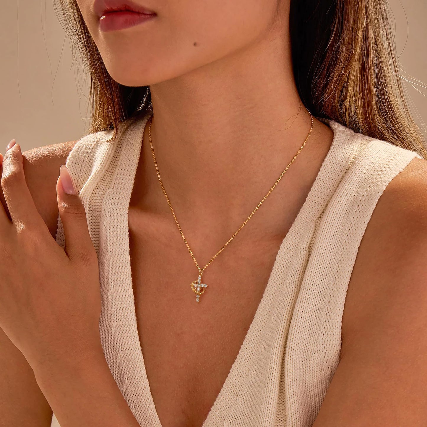 Robaice Cross Necklace for Women, 14K Gold Plated Crown Cross Pendant Necklace, Non-Tarnish Faith Jewelry for Women, Christian Religious Gifts