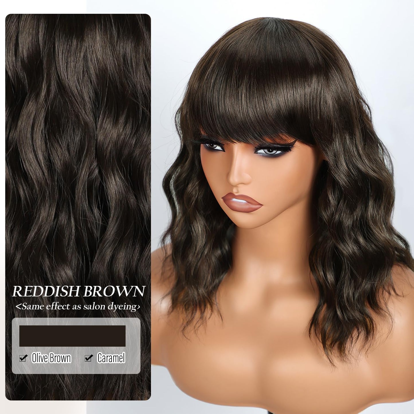 Bob Wavy Wigs for Women Reddish Caramel Brown Short Curly Hair Wig with Bangs Shoulder Length Style Synthetic Realistic Heat Resistant Wig for Everyday Hairstyle 16 Inch