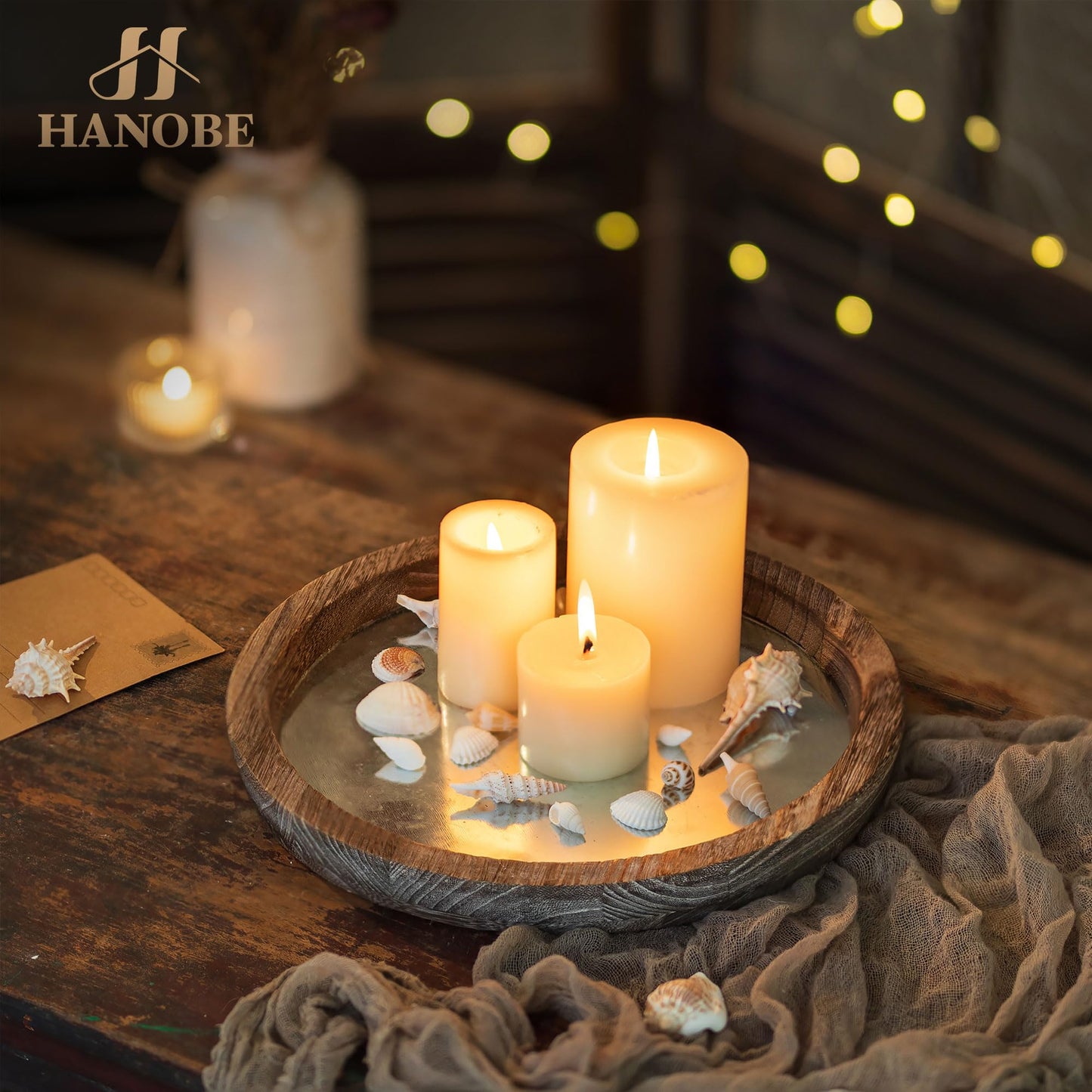 Hanobe Candle Plate Holder Tray: Round Wood Decorative Candle Plate - Rustic Farmhouse CoffeeTable Decor - Tealight Pillar Trays for Home Decor (Distressed)