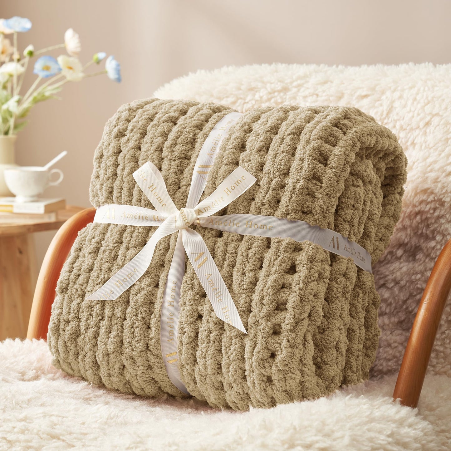 Amélie Home Chunky Knit Throw Blanket for Couch, Soft Chenille Handmade Crochet Throw Rope Knot Blanket for Couch, 50"x60", Space-Dyed Blue Striped