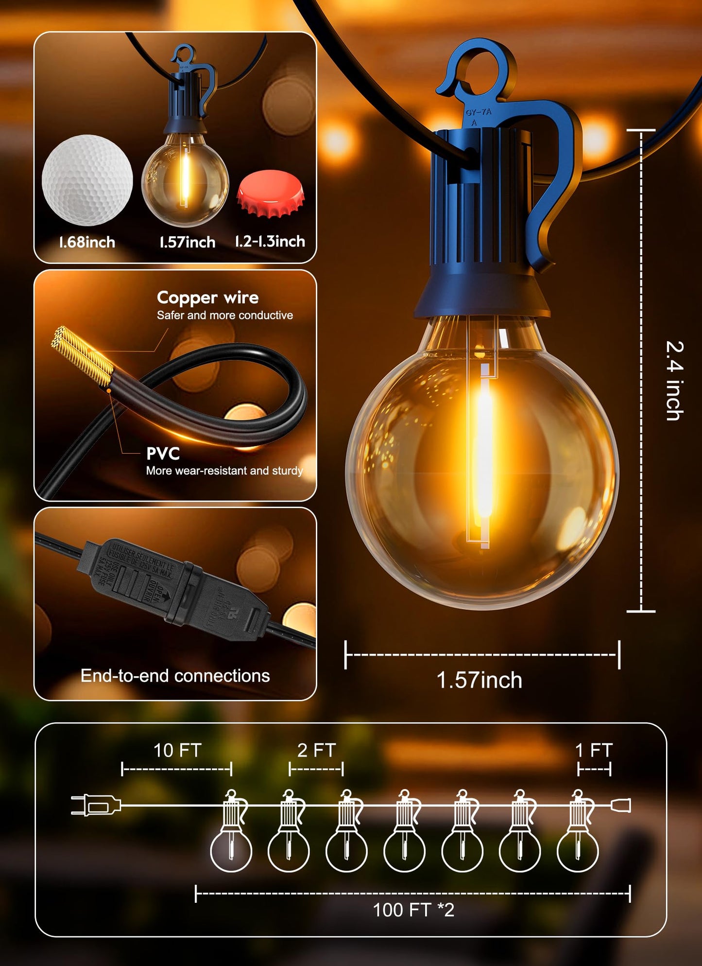 Brightown Outdoor String Lights, 50FT 25 G40 Bulbs Shatterproof Patio Lights, IP65 Waterproof Dimmable Hanging Connectable Globe LED Outdoor Lights for Backyard, Bistro, Porch, Deck, Balcony