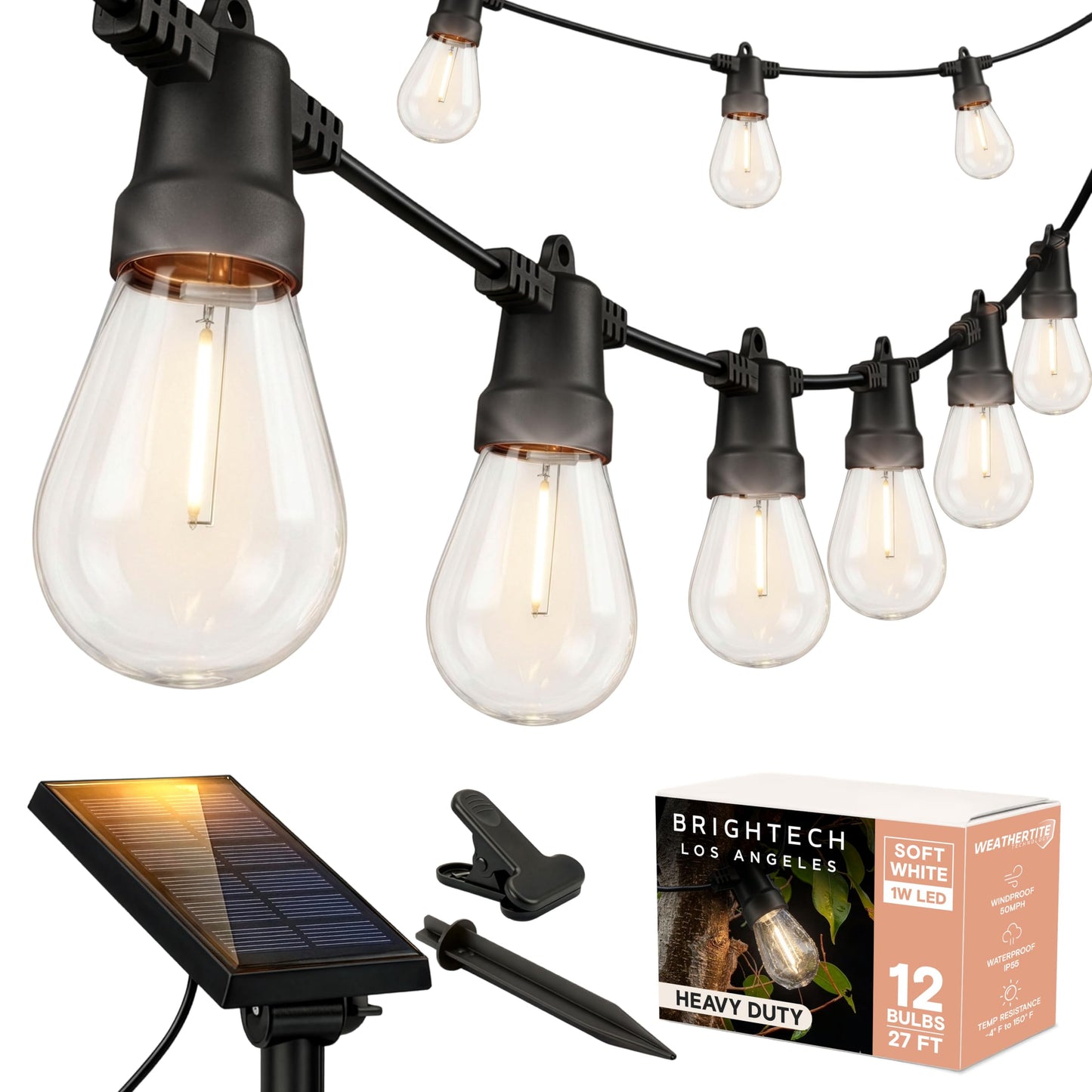 Brightech Ambience Pro Solar Powered Outdoor String Lights -27 ft Commercial Grade Waterproof Edison Patio Lights, Shatterproof LED String Lights for Outside, Porch - 12 Bulbs, 1W Soft White
