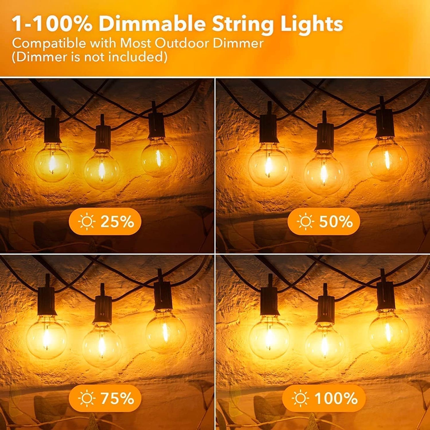 Brightown Outdoor String Lights, 50FT 25 G40 Bulbs Shatterproof Patio Lights, IP65 Waterproof Dimmable Hanging Connectable Globe LED Outdoor Lights for Backyard, Bistro, Porch, Deck, Balcony