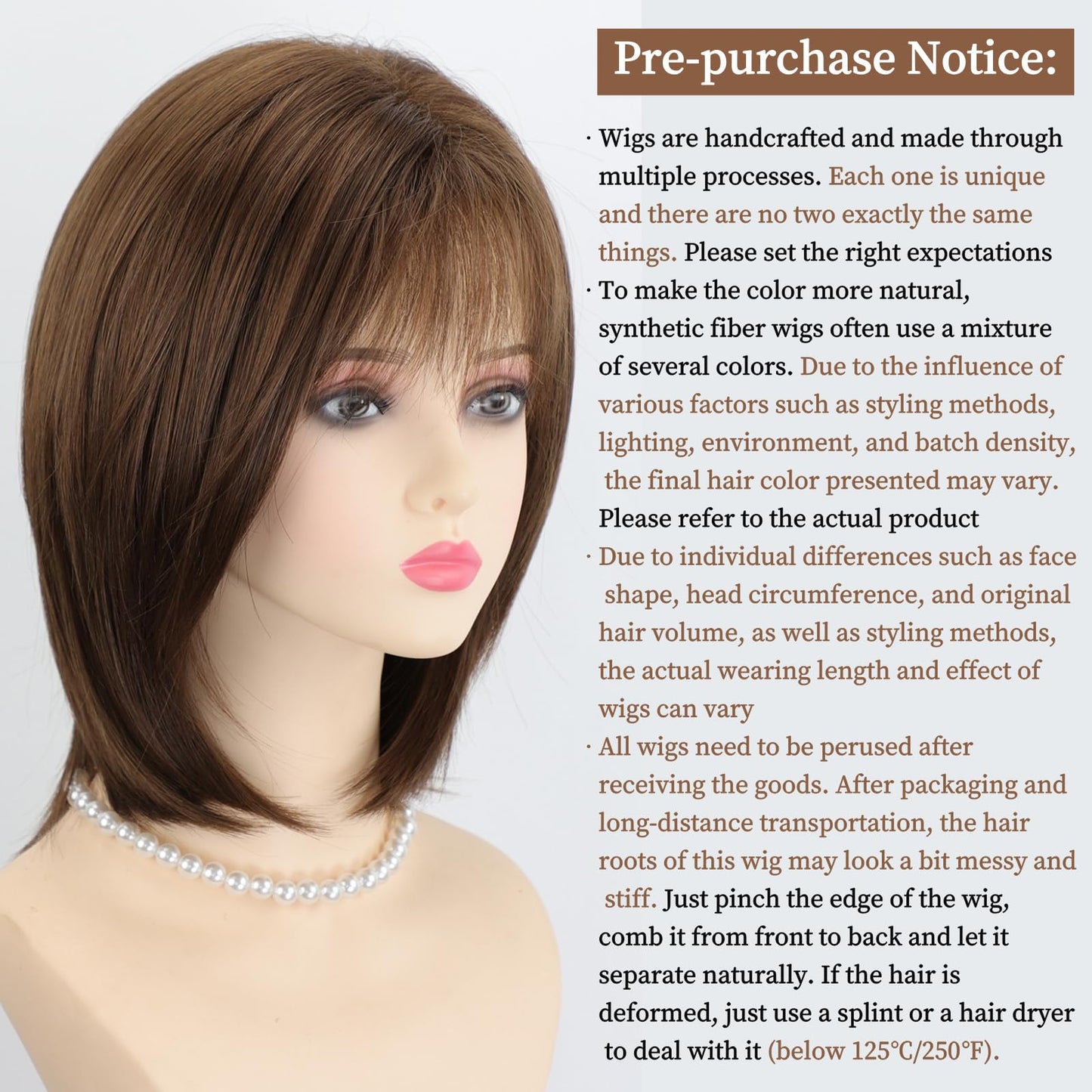 RENERSHOW Medium Length Bob Wigs for White Women Layered Blonde Highlight Straight Pixie Bob Wig with Bangs Heat Synthetic Natural Daily Party Wig 12inch Average Size Wig