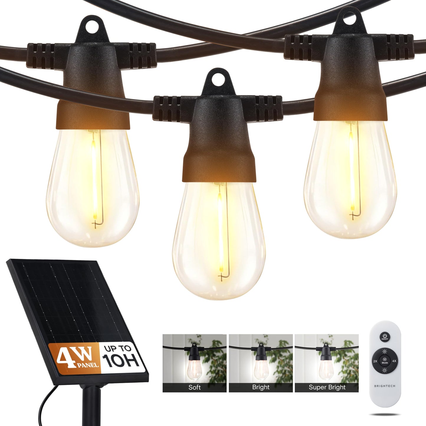 Brightech Ambience Pro Solar Powered Outdoor String Lights -27 ft Commercial Grade Waterproof Edison Patio Lights, Shatterproof LED String Lights for Outside, Porch - 12 Bulbs, 1W Soft White