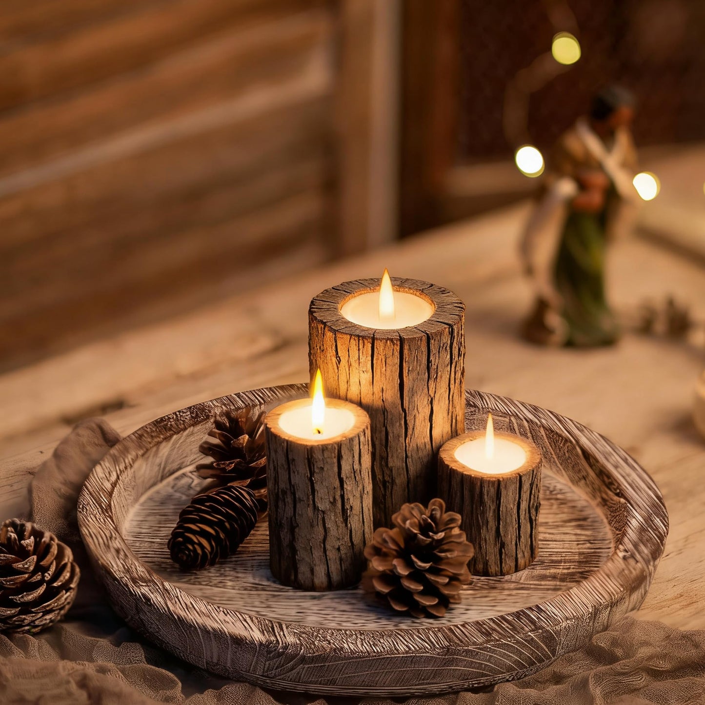 Hanobe Candle Plate Holder Tray: Round Wood Decorative Candle Plate - Rustic Farmhouse CoffeeTable Decor - Tealight Pillar Trays for Home Decor (Distressed)