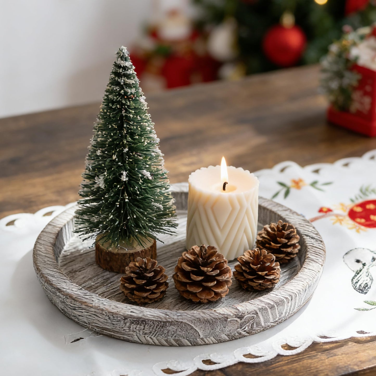 Hanobe Candle Plate Holder Tray: Round Wood Decorative Candle Plate - Rustic Farmhouse CoffeeTable Decor - Tealight Pillar Trays for Home Decor (Distressed)