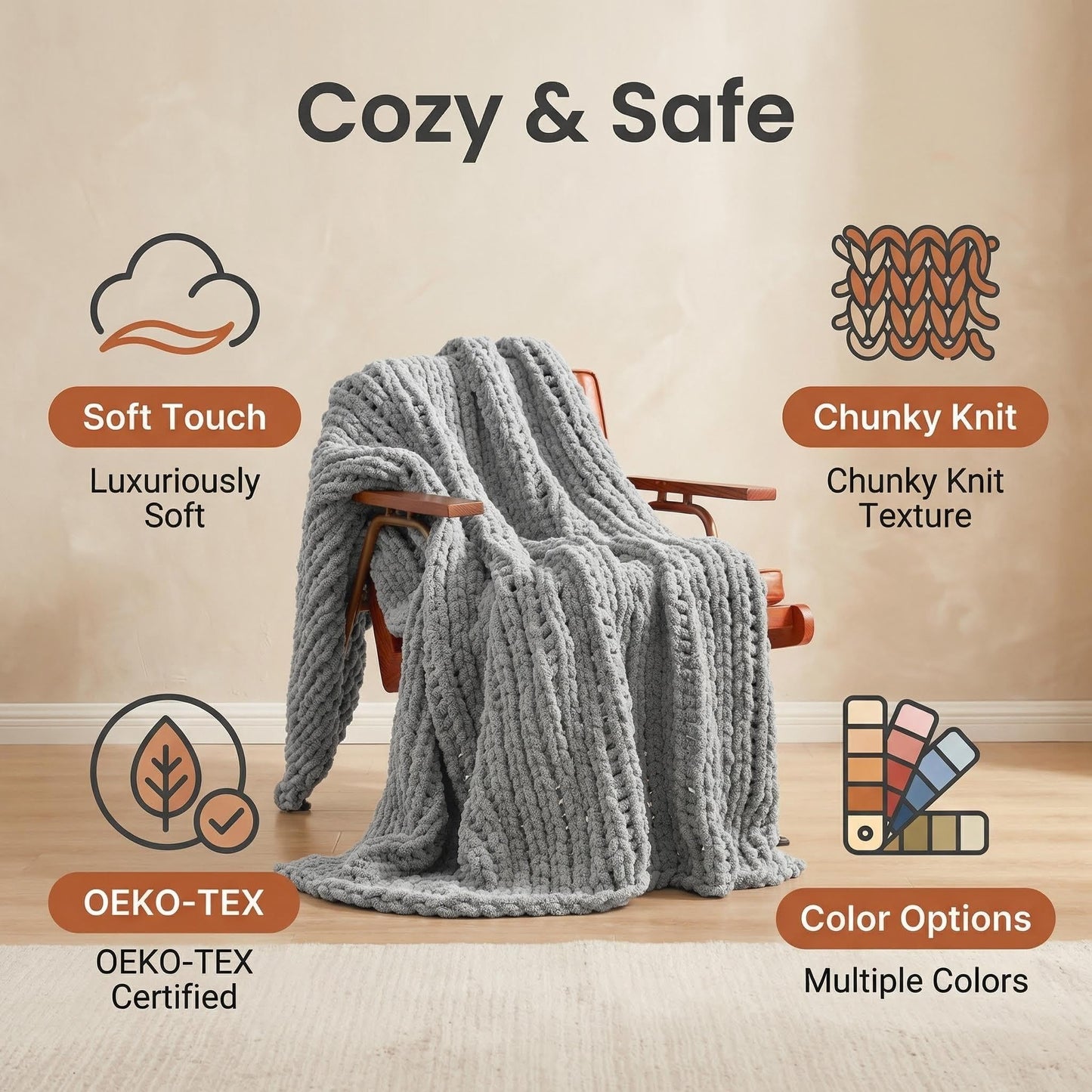 Amélie Home Chunky Knit Throw Blanket for Couch, Soft Chenille Handmade Crochet Throw Rope Knot Blanket for Couch, 50"x60", Space-Dyed Blue Striped