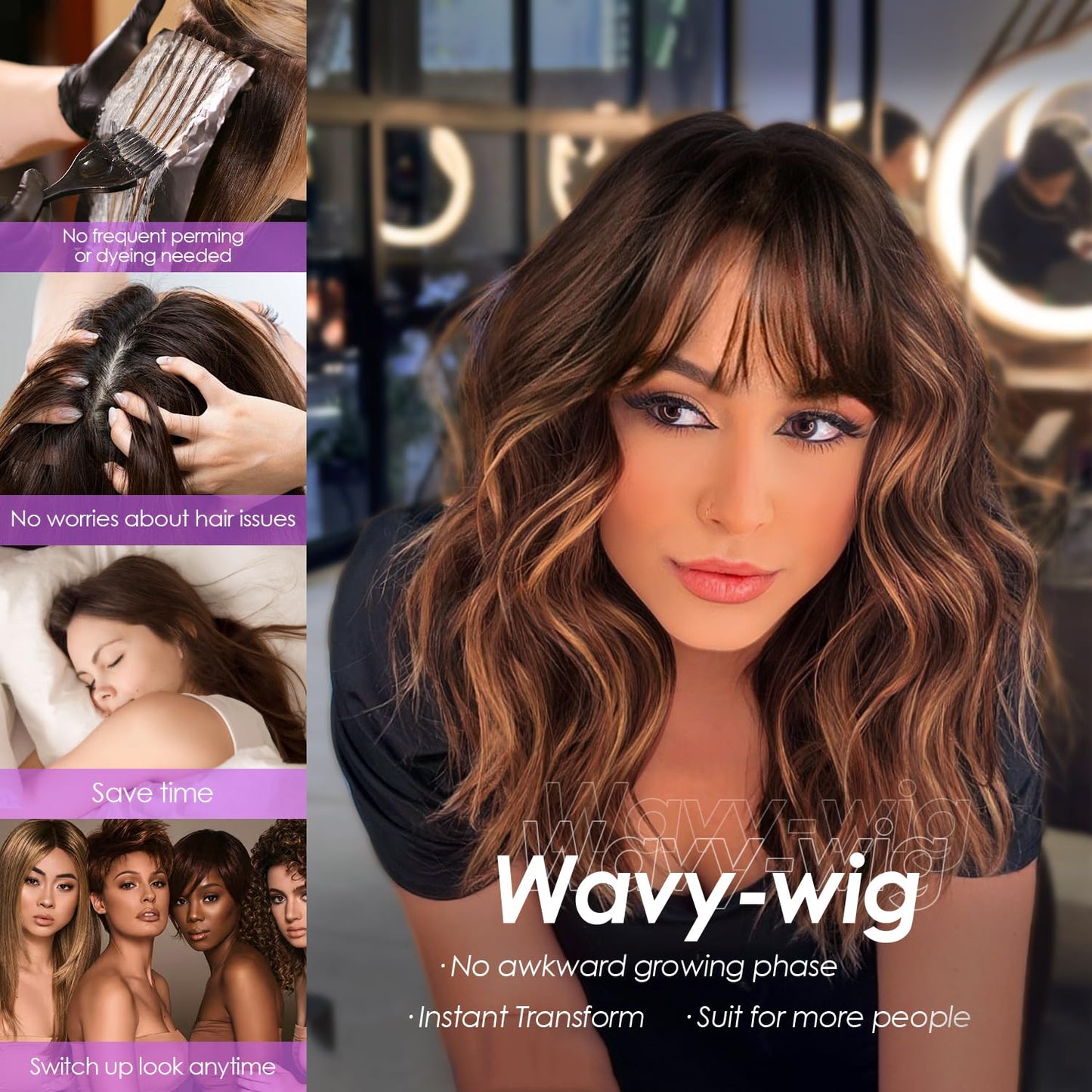 Bob Wavy Wigs for Women Reddish Caramel Brown Short Curly Hair Wig with Bangs Shoulder Length Style Synthetic Realistic Heat Resistant Wig for Everyday Hairstyle 16 Inch