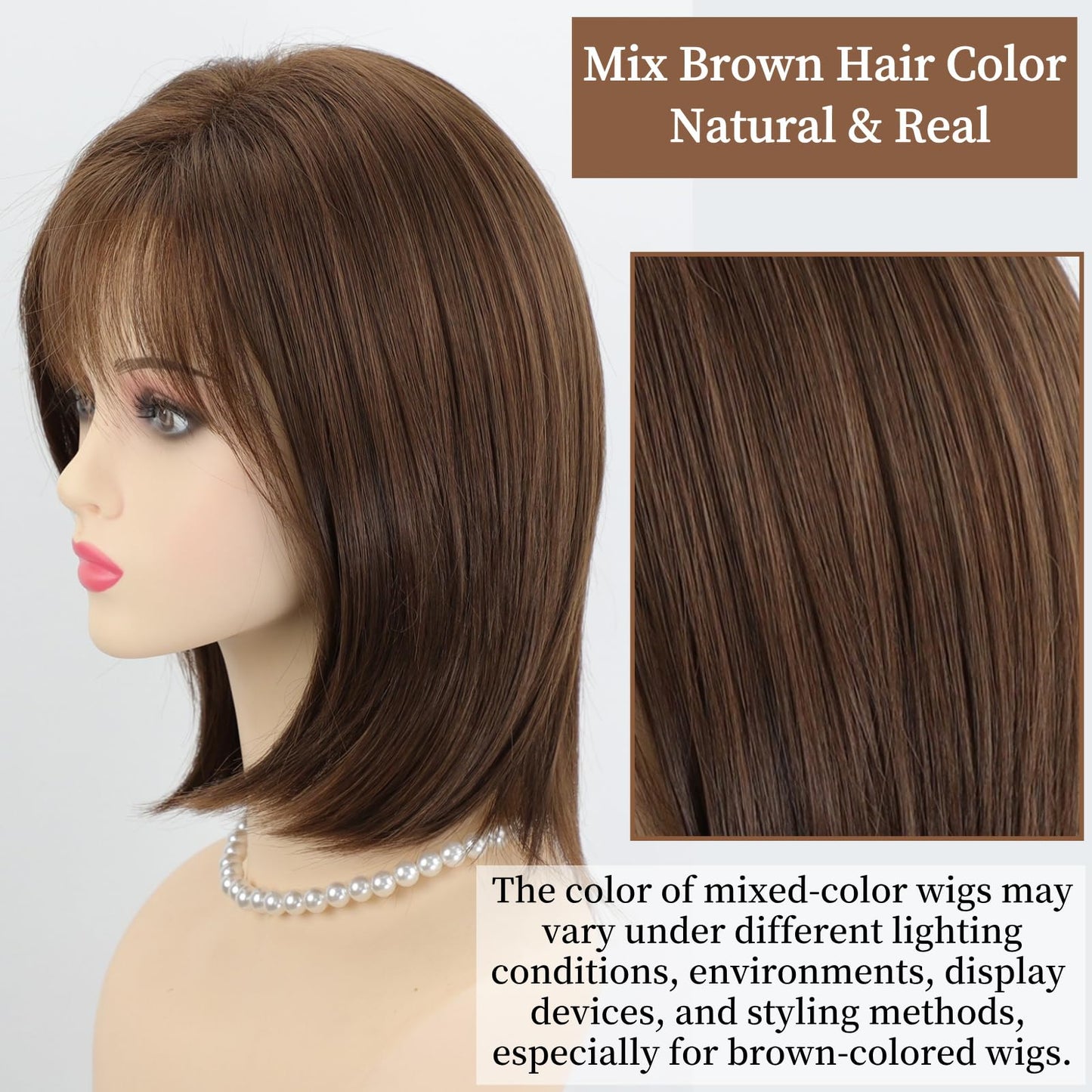 RENERSHOW Medium Length Bob Wigs for White Women Layered Blonde Highlight Straight Pixie Bob Wig with Bangs Heat Synthetic Natural Daily Party Wig 12inch Average Size Wig