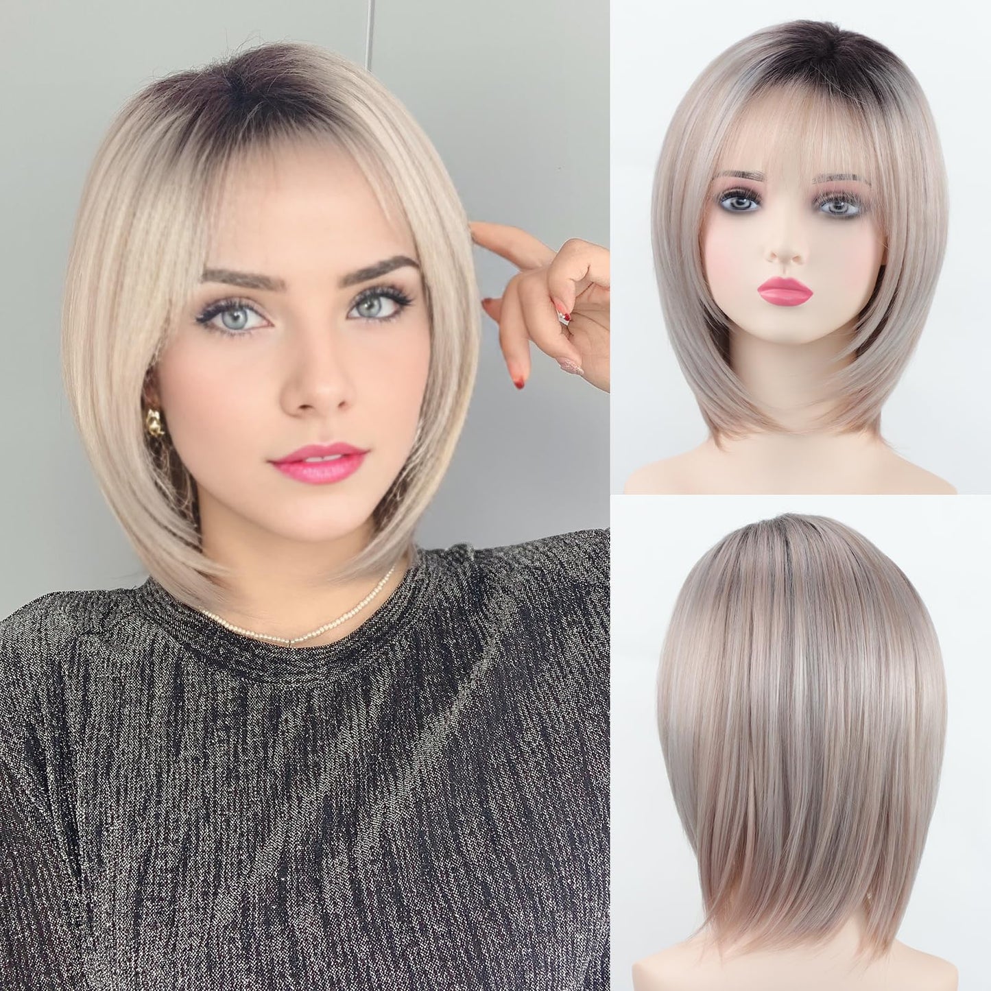 RENERSHOW Medium Length Bob Wigs for White Women Layered Blonde Highlight Straight Pixie Bob Wig with Bangs Heat Synthetic Natural Daily Party Wig 12inch Average Size Wig