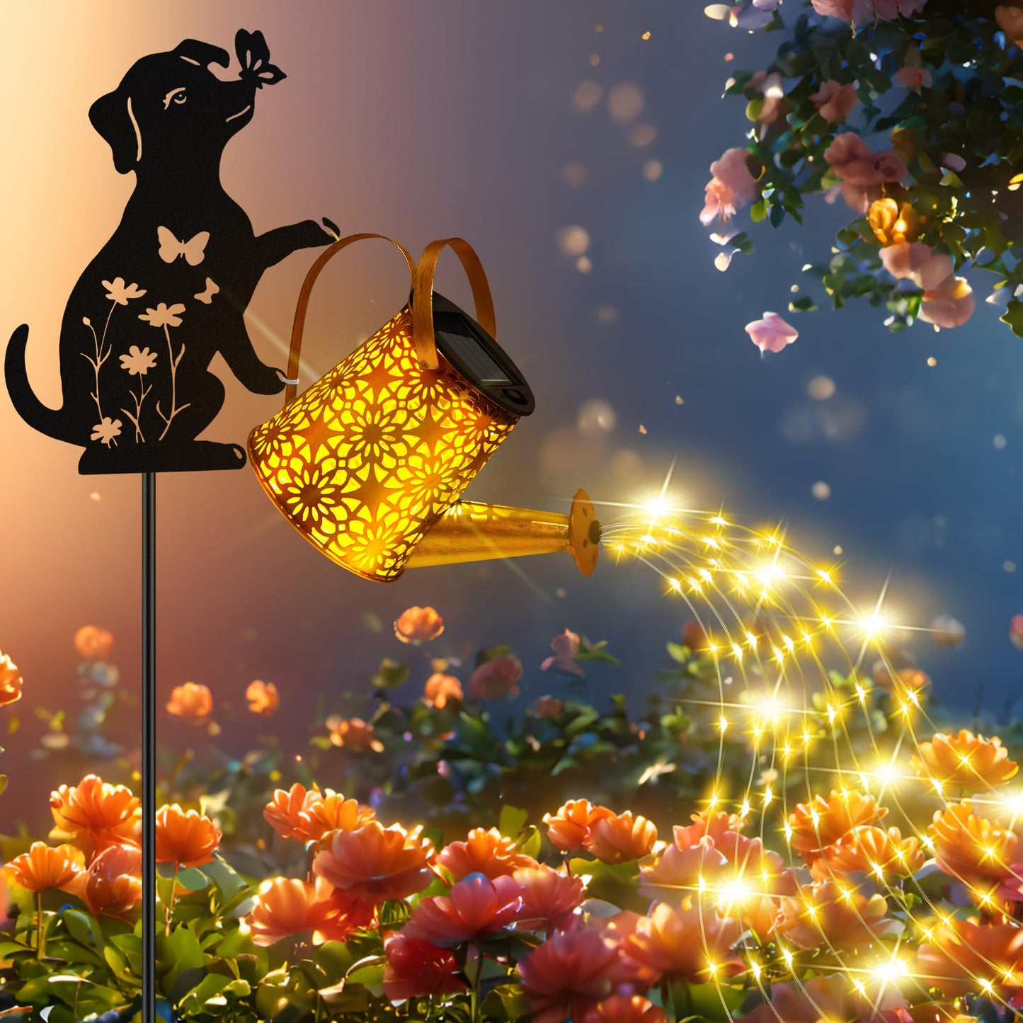 Solar Lights Outdoor Decorative, Watering Can with Cascading Lights, with Dog Silhouette Garden Stakes, Gifts for Mom Women, Waterproof Metal Garden Decor for Yard Art, Outside(1 Pack)
