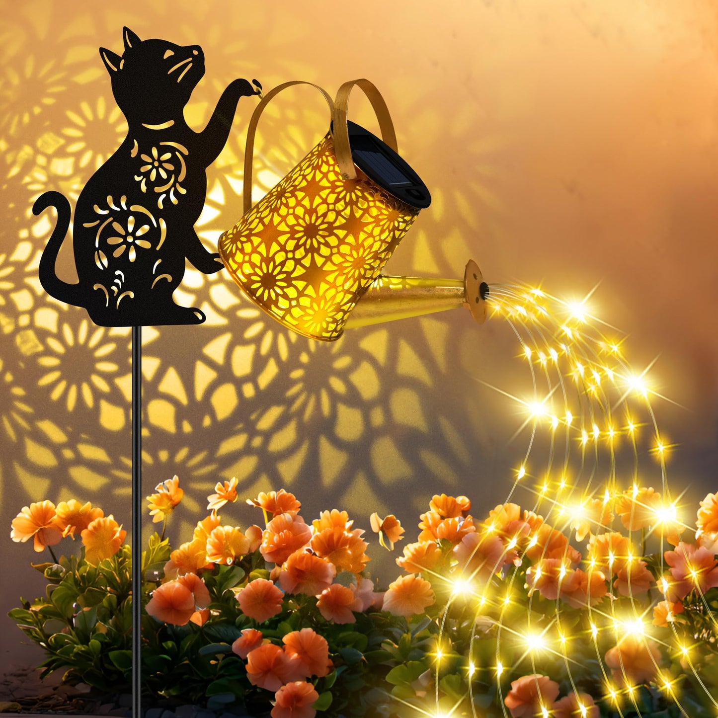 Solar Lights Outdoor Decorative, Watering Can with Cascading Lights, with Dog Silhouette Garden Stakes, Gifts for Mom Women, Waterproof Metal Garden Decor for Yard Art, Outside(1 Pack)