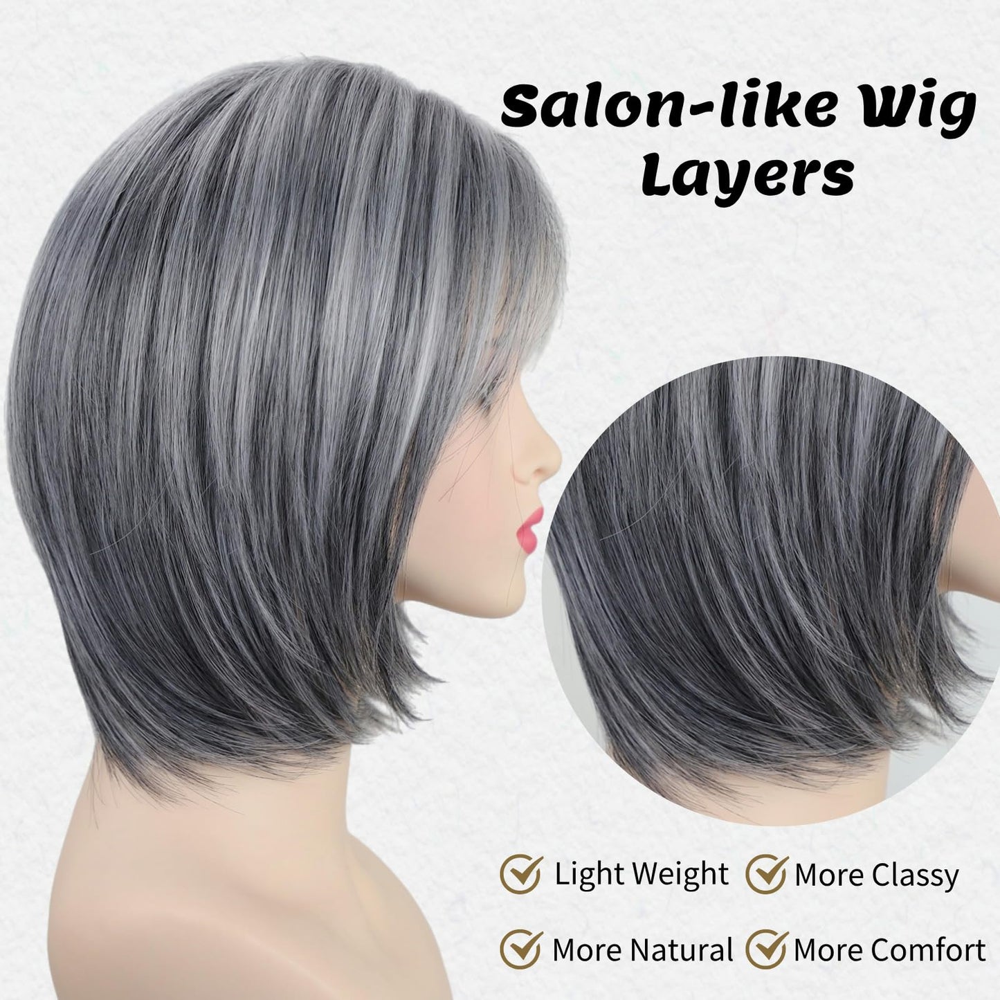 RENERSHOW Medium Length Bob Wigs for White Women Layered Blonde Highlight Straight Pixie Bob Wig with Bangs Heat Synthetic Natural Daily Party Wig 12inch Average Size Wig