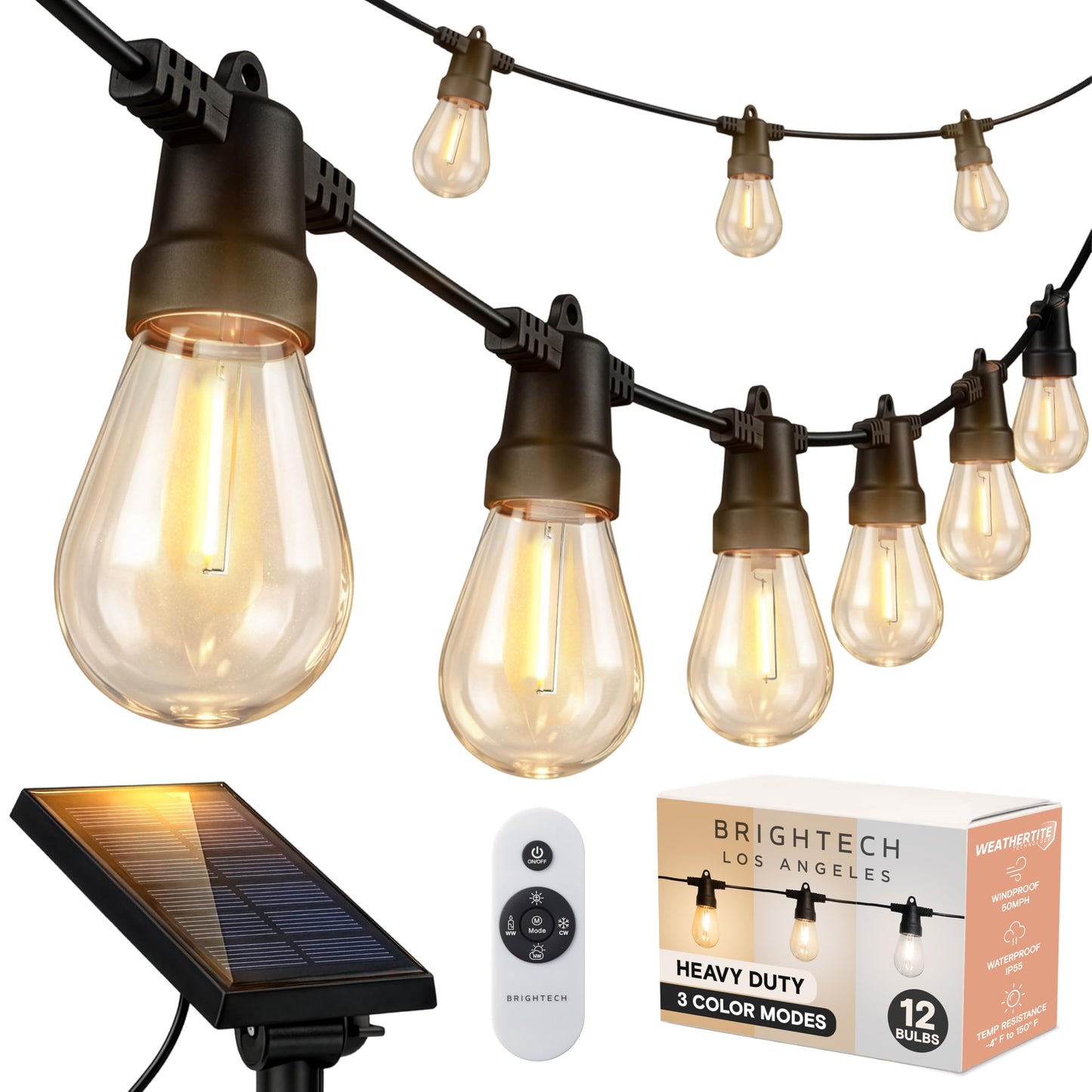 Brightech Ambience Pro Solar Powered Outdoor String Lights -27 ft Commercial Grade Waterproof Edison Patio Lights, Shatterproof LED String Lights for Outside, Porch - 12 Bulbs, 1W Soft White