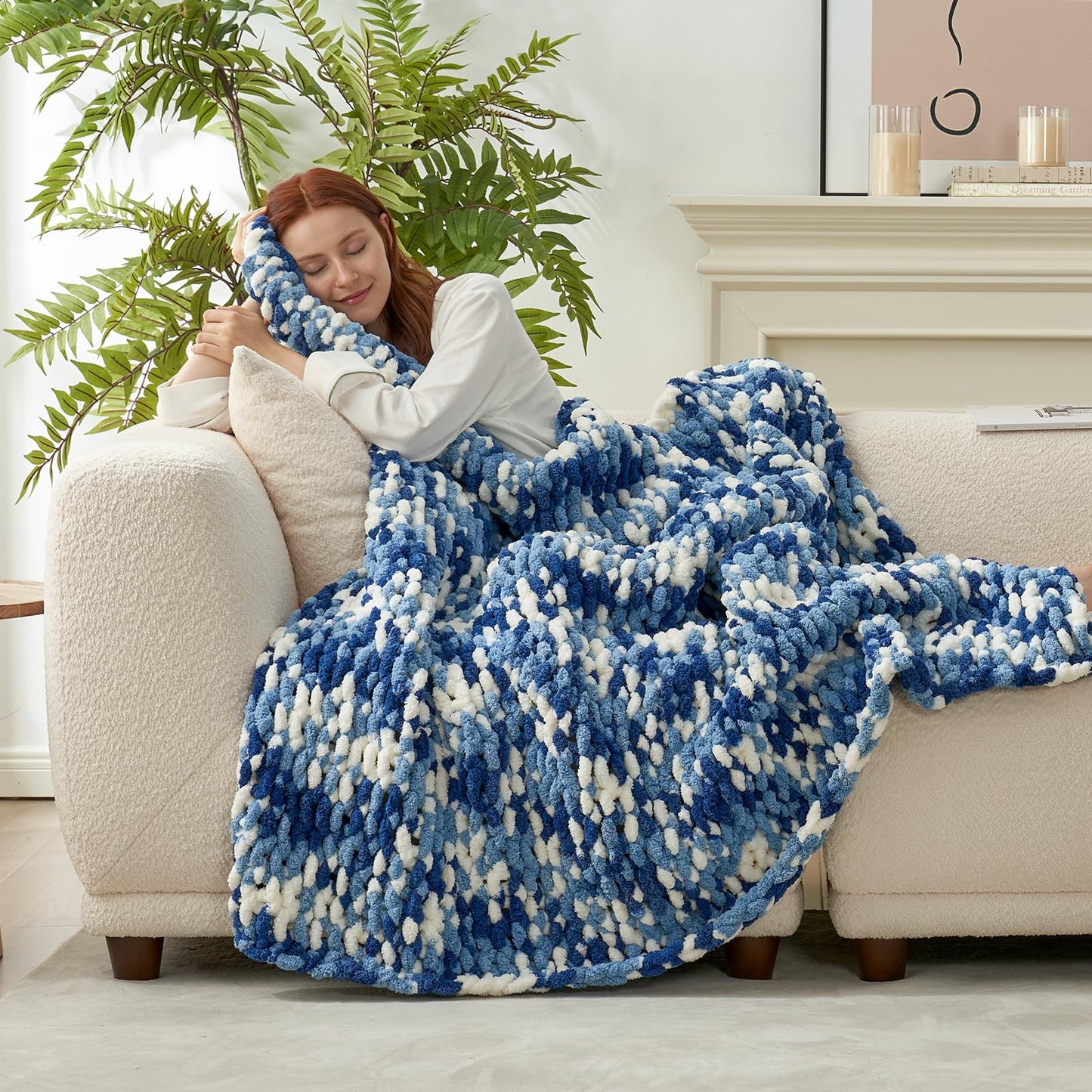 Amélie Home Chunky Knit Throw Blanket for Couch, Soft Chenille Handmade Crochet Throw Rope Knot Blanket for Couch, 50"x60", Space-Dyed Blue Striped
