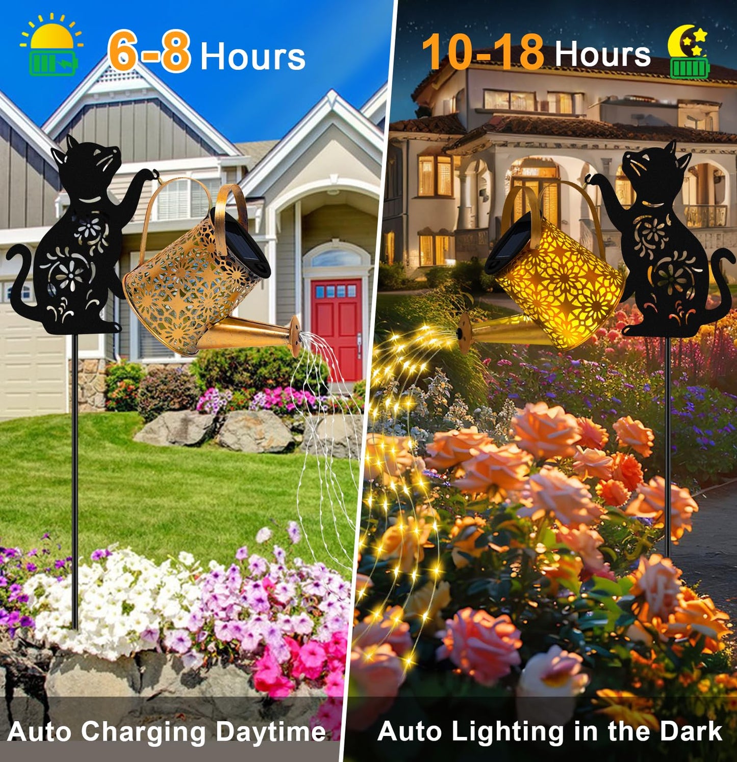 Solar Lights Outdoor Decorative, Watering Can with Cascading Lights, with Dog Silhouette Garden Stakes, Gifts for Mom Women, Waterproof Metal Garden Decor for Yard Art, Outside(1 Pack)