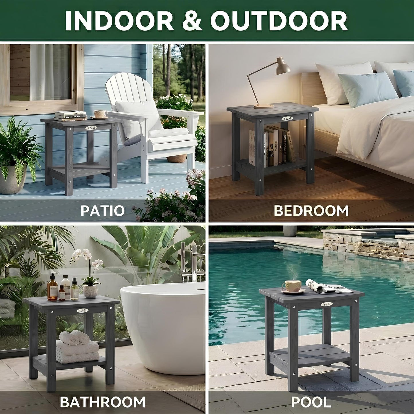 Y&M Adirondack Outdoor Side Table, HIPS Patio End Table, Waterproof Outside Table, Balcony Modern End Tables 23.5" inch Long for Garden, Pool, Beach, Porch, Deck, Indoor or Outdoor Use, Navy Blue