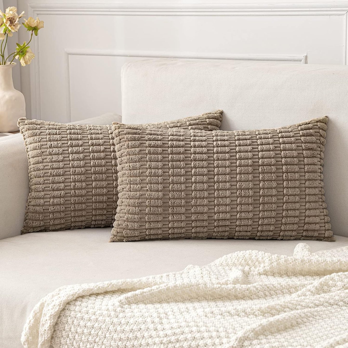 MIULEE Pack of 2 Corduroy Decorative Throw Pillow Covers 18x18 Inch Soft Boho Striped Pillow Covers Modern Farmhouse Home Decor for Sofa Living Room Couch Bed Cream White