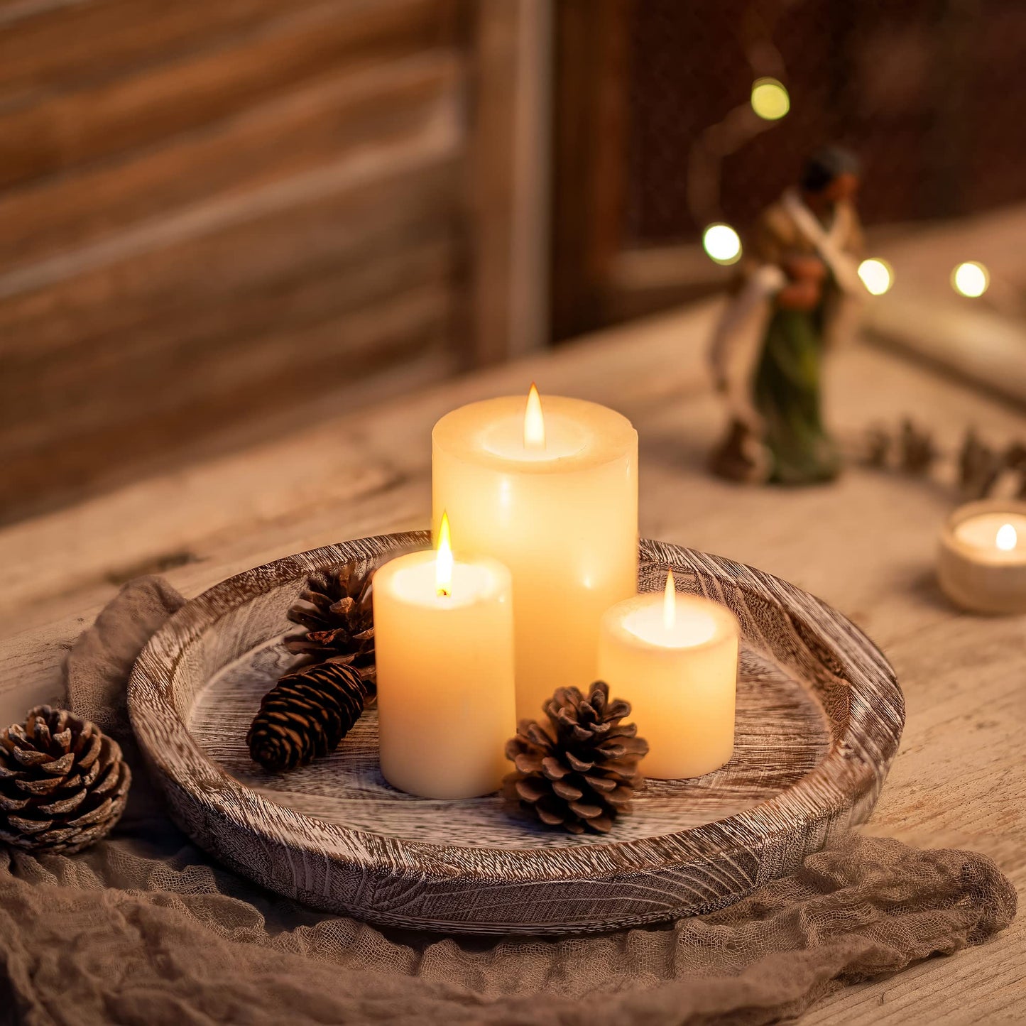 Hanobe Candle Plate Holder Tray: Round Wood Decorative Candle Plate - Rustic Farmhouse CoffeeTable Decor - Tealight Pillar Trays for Home Decor (Distressed)
